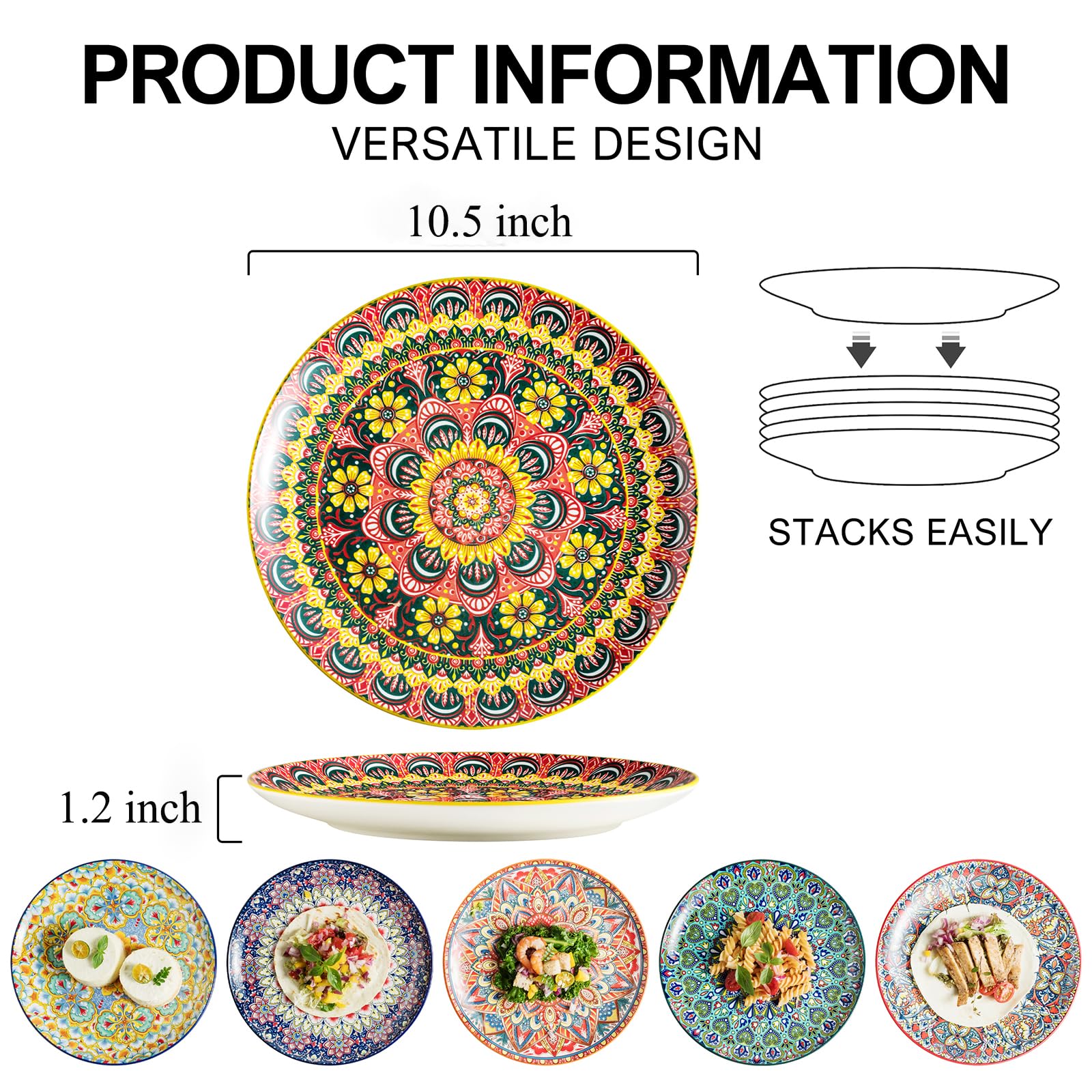 Juego de 6 platos llanos, platos grandes de ensalada de postre de 10.5 pulgadas para pasta, filetes, aperitivos, platos de porcelana colorida para servir cocina y fiesta, vajilla moderna -