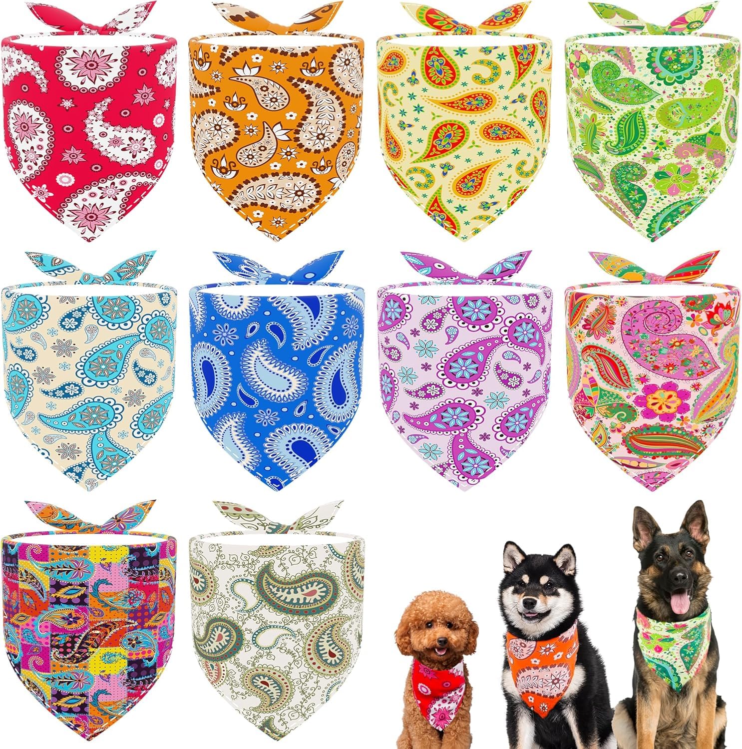 JpGdn 10pcs Dog Bandanas Paisley Pattern for Large Extral Large XL XXL Breed Kerchief Triangle Bibs Scarves Pink Blue Yellow Red Selvedge Sewing Stitching Edge Grooming Costume — image 1