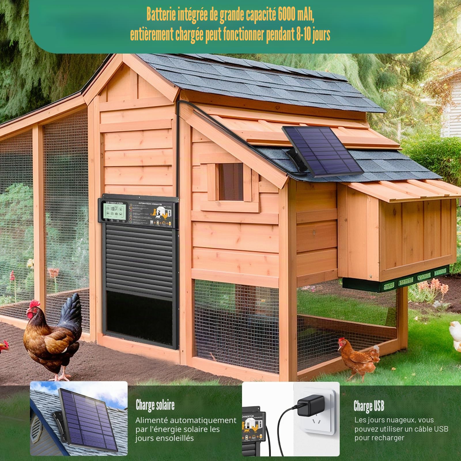 Clapet automatique à énergie solaire et USB, en aluminium, avec capteur radar, minuterie, capteur de lumière, grand écran, télécommande, étanche, noir