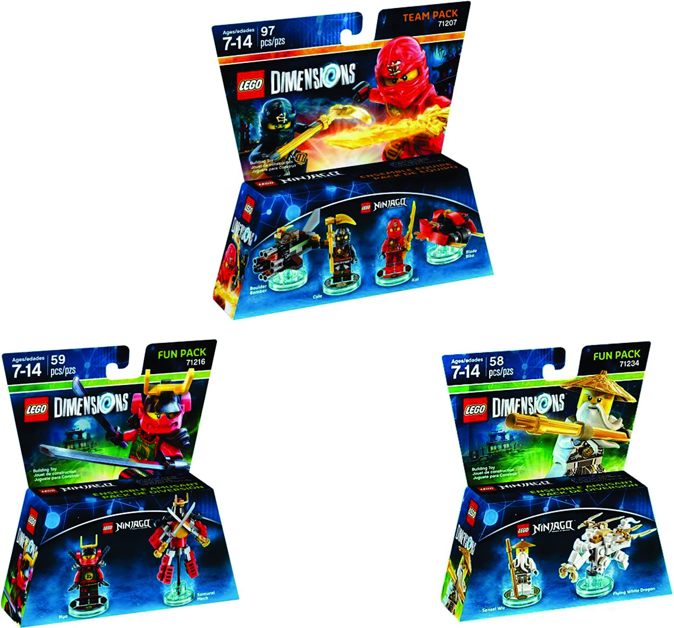 LEGO Dimensions Ninjago Fun Pack 3 Piece Variety Bundle; Ninjago Team Pack, Sensei Wu Fun Pack and Nya Fun Pack