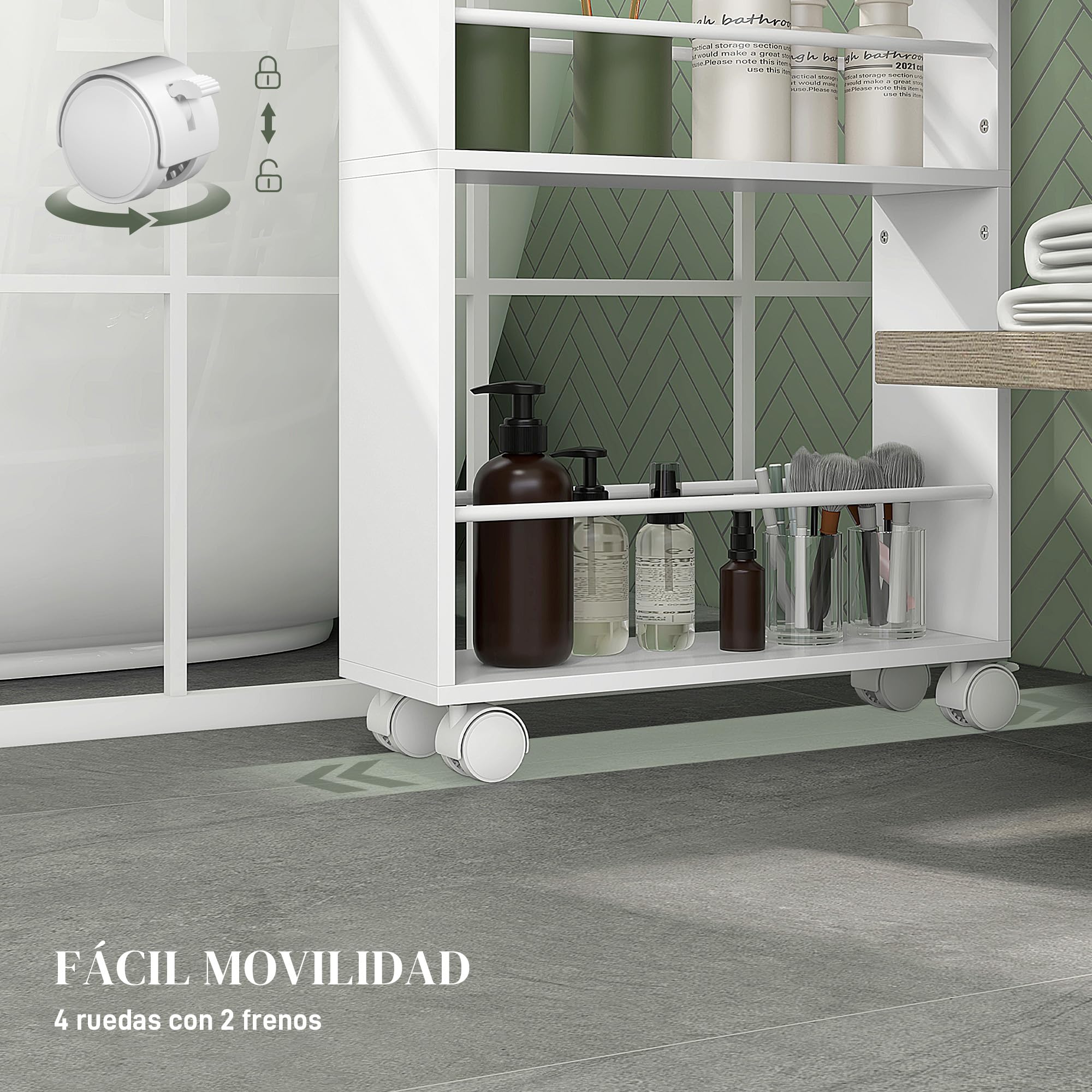 HOMCOM Carrito Auxiliar con Ruedas Carrito de Cocina 45x15x80 cm Blanco | Delgado de 3 Niveles, con Barandillas Laterales y Asas, para Comedor Sala Baño