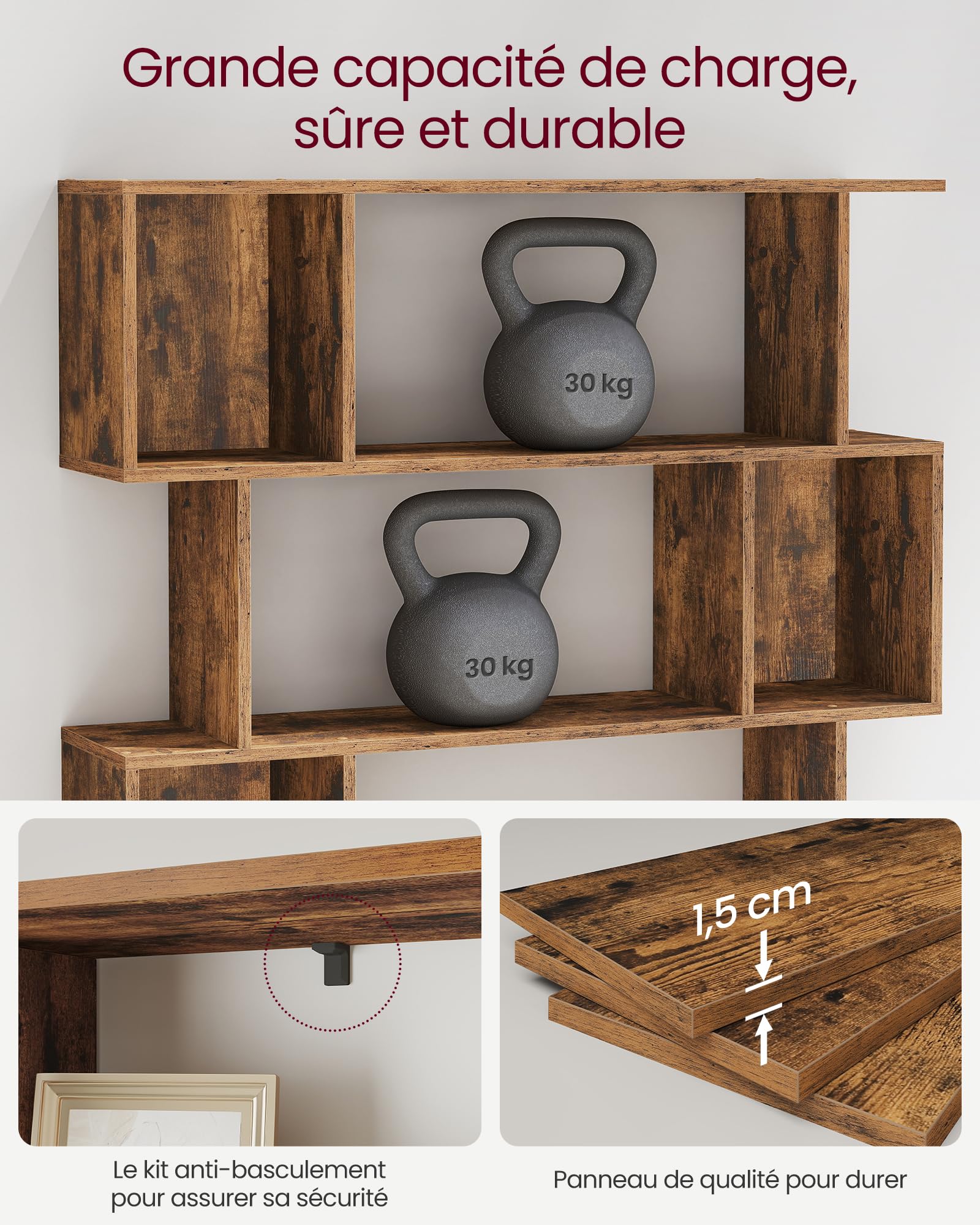 VASAGLE Custos Collection - Bibliothèque, Étagère sur 5 Niveaux, 24 x 90 x 159 cm, Meuble de Rangement, avec Compartiments Ouverts, pour Salon, Chambre, Bureau, Marron Rustique LBC416K01