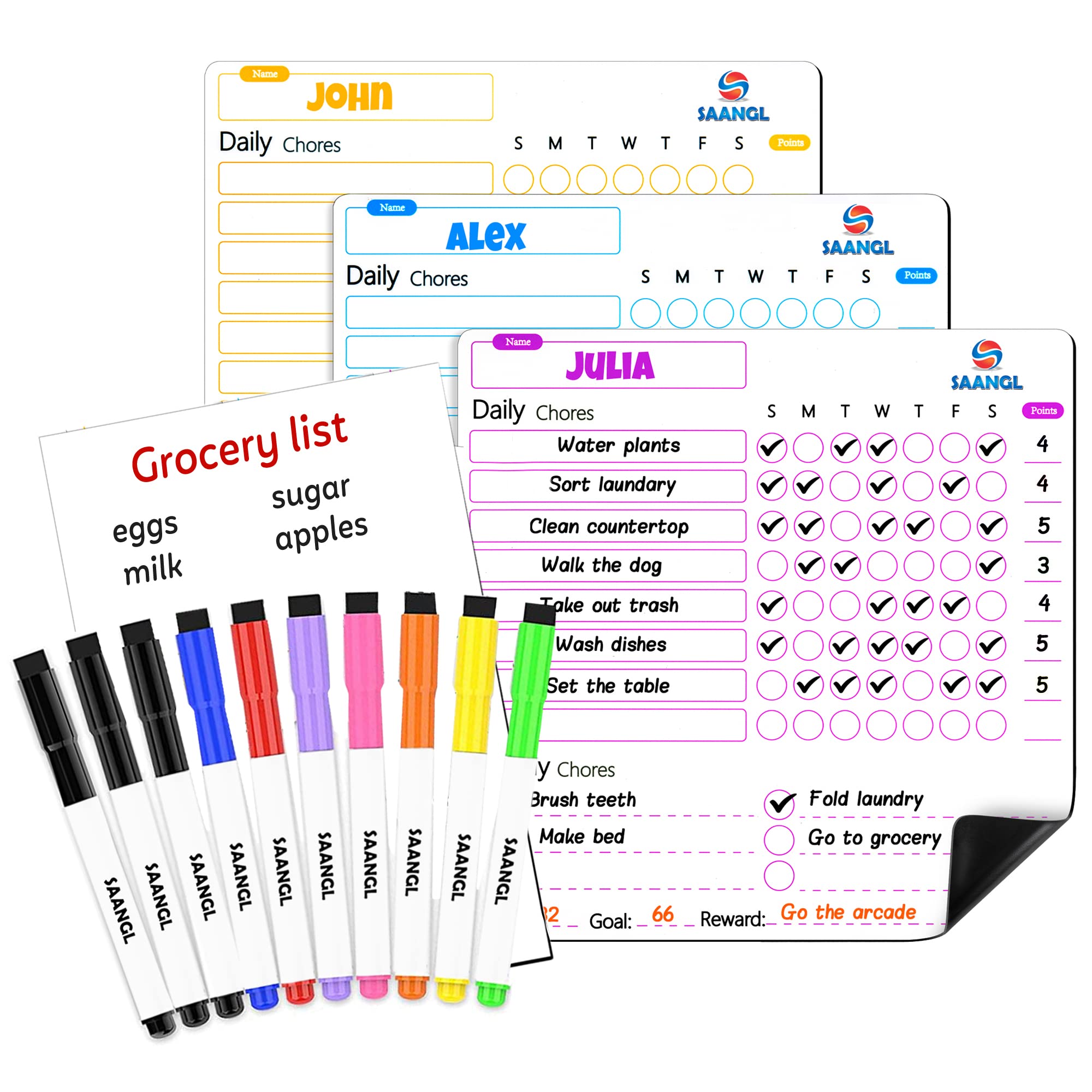 Buy Magnetic Chore Chart for Kids Multiple Kids, 3 Dry Erase Chores ...