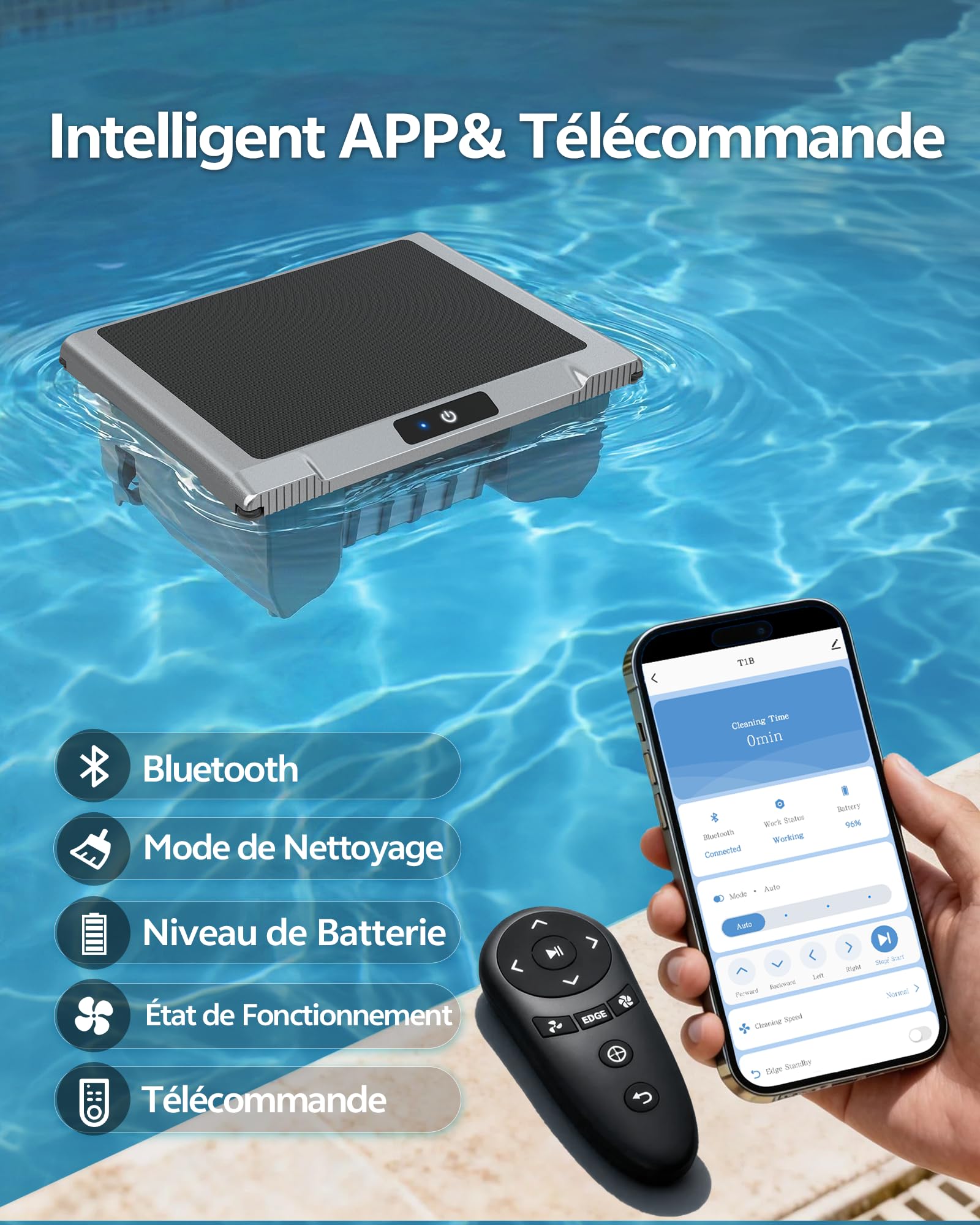 T1B Robot Nettoyeur Skimmer Solaire Robot de Surface Piscine, avec Nettoyage 24h/7, Double Modes de Recharge, Retour Automatique à la Base, adapté aux piscines Enterrées et Hors Sol (Bleu)