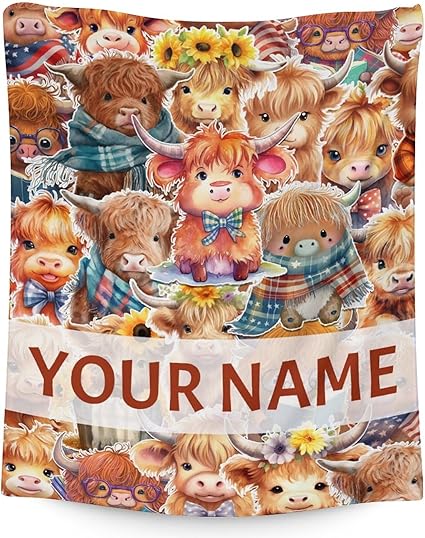 Personalized Highland Cow Blanket Gifts with Name - 40x50 Inches Cute Throw Blanket for Girls & Boys - Brown Soft Fuzzy Blankets for Bed, Couch & Living Room