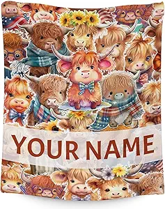 Personalized Highland Cow Blanket Gifts with Name - 40x50 Inches Cute Throw Blanket for Girls & Boys - Brown Soft Fuzzy Blankets for Bed, Couch & Living Room