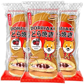 Pocas Dorayaki Strawberry Boba Milk Tea 3-Pack, 9 Soft and Chewy Japanese Snacks, Sweet Pancakes with Creamy Fruit Filling & Tapioca Pearls, 5.82 Oz Ea