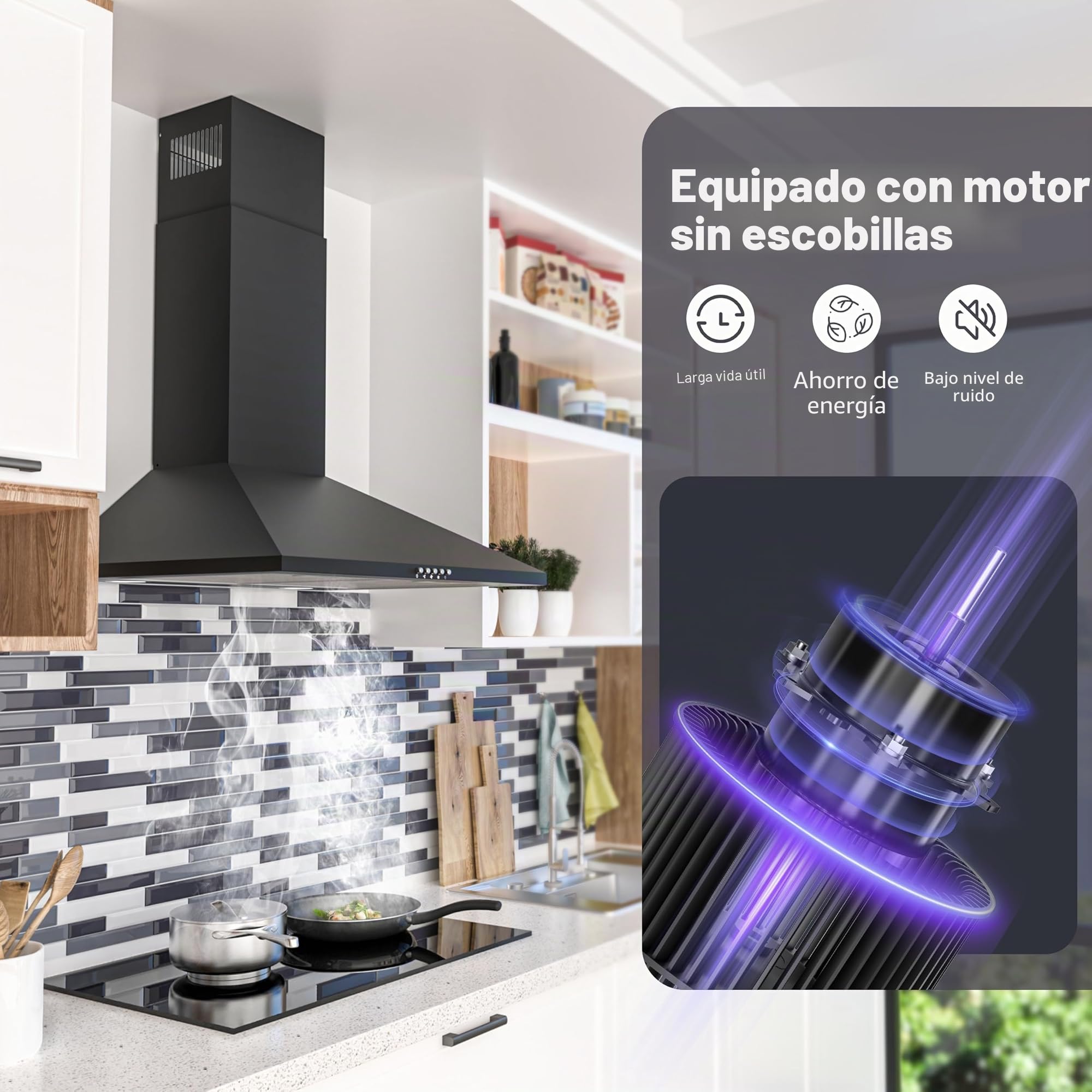 FIREGAS Campana extractora 60cm, Motor sin escobillas, 3 velocidades, 352m³/h, Canalizado y Recirculación, Iluminación LED, Filtro de carbón incluida, Clase A++ Campana decorativa Negra