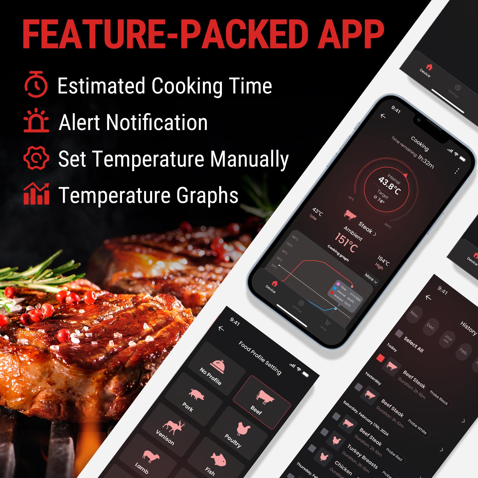 ThermoPro TempPro TP960 150M Termómetro Inalámbrico para Carne con Bluetooth, Termómetro de Cocina Impermeable IP67 para el Horno, Freidoras, Asar, Ahumar y Barbacoa