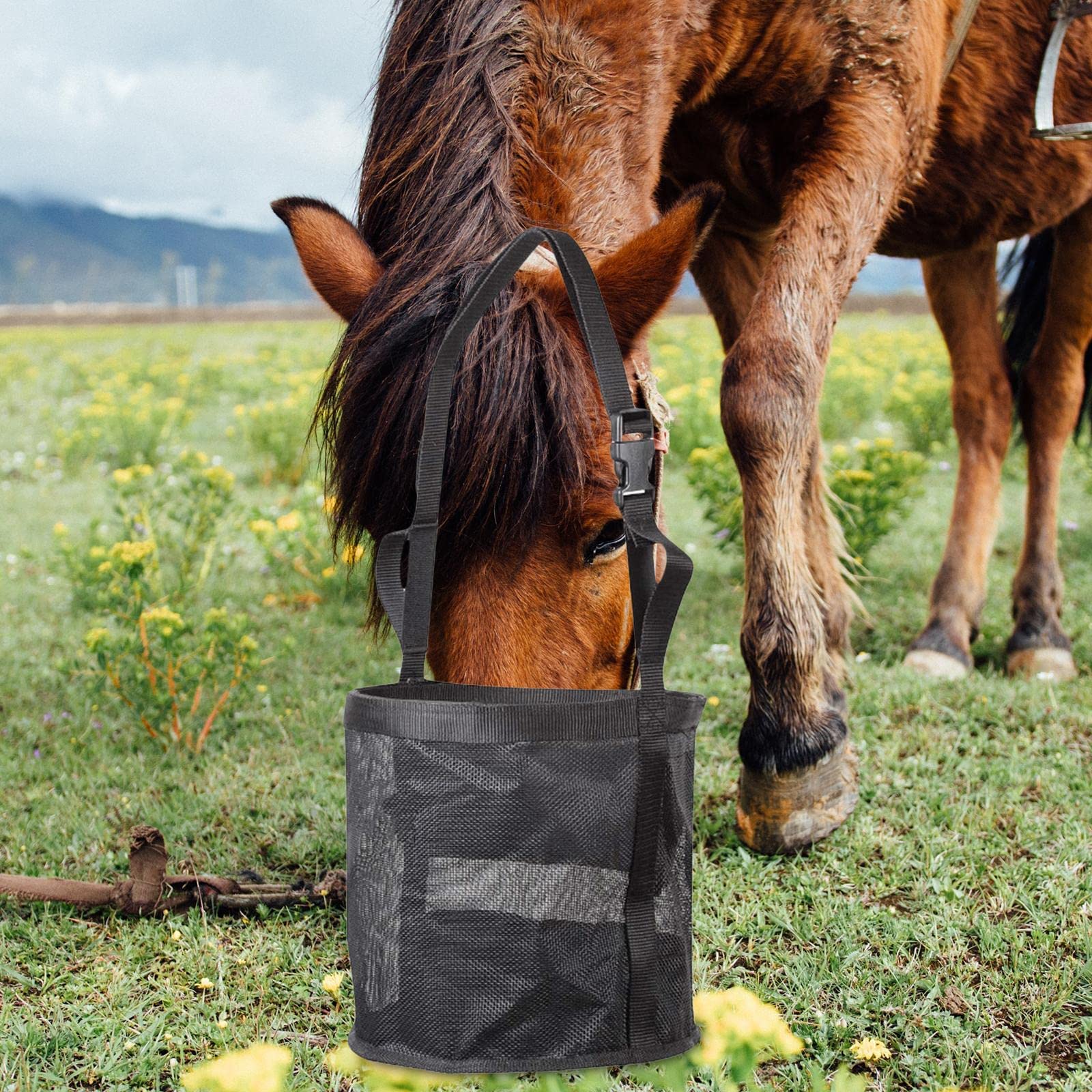 Bolsa de alimentación para caballos, bolsas de malla transpirable, bolsa de heno de alimentación lenta, bolsa de heno portátil para caballos, con correa ajustable, broche duradero para bolsas de ali