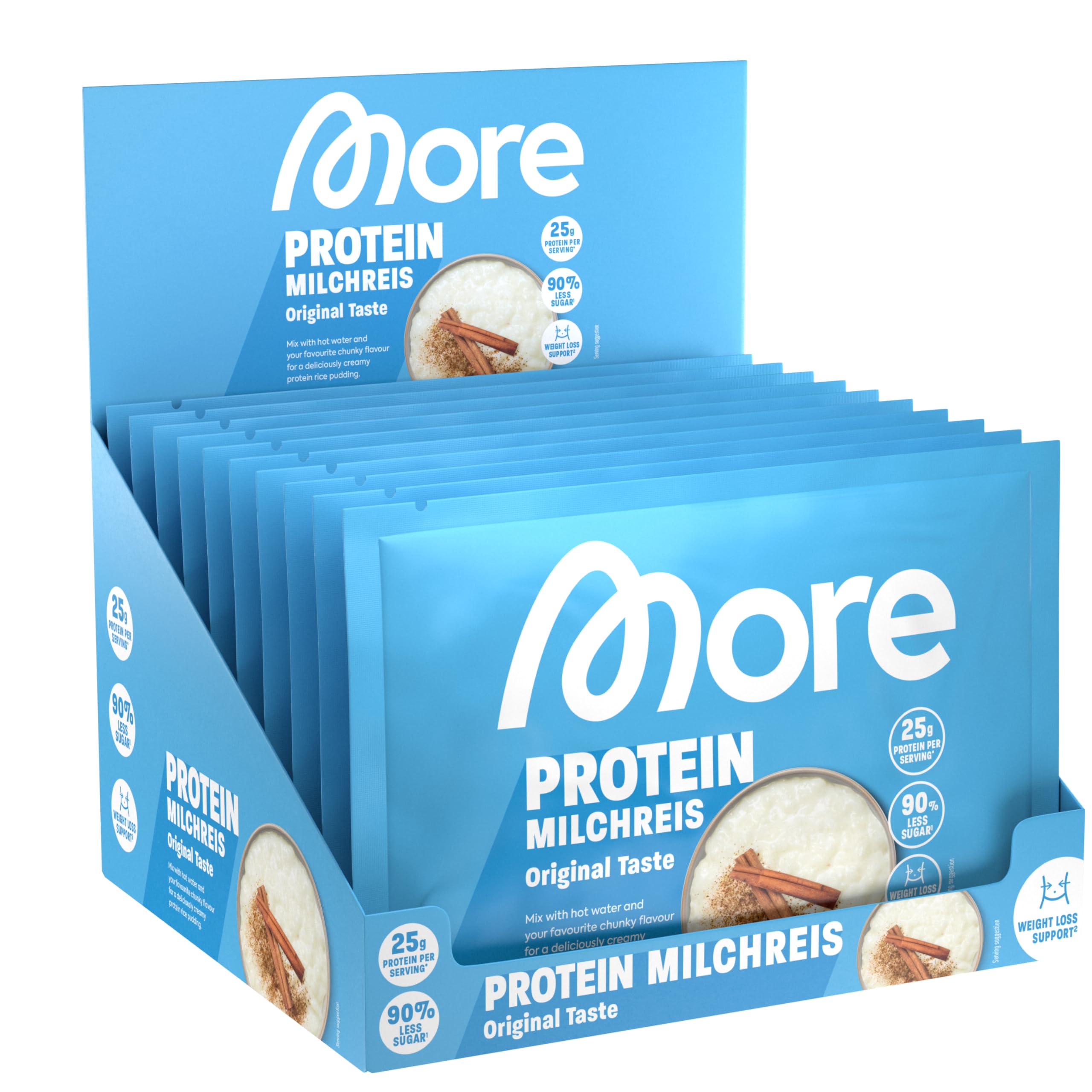 More Protein Rice Pudding, tray of 10, 10 x 65 g, 25 g protein per serving, quick preparation without cooking, creamy, delicious rice pudding with less sugar and fat, perfect for refining