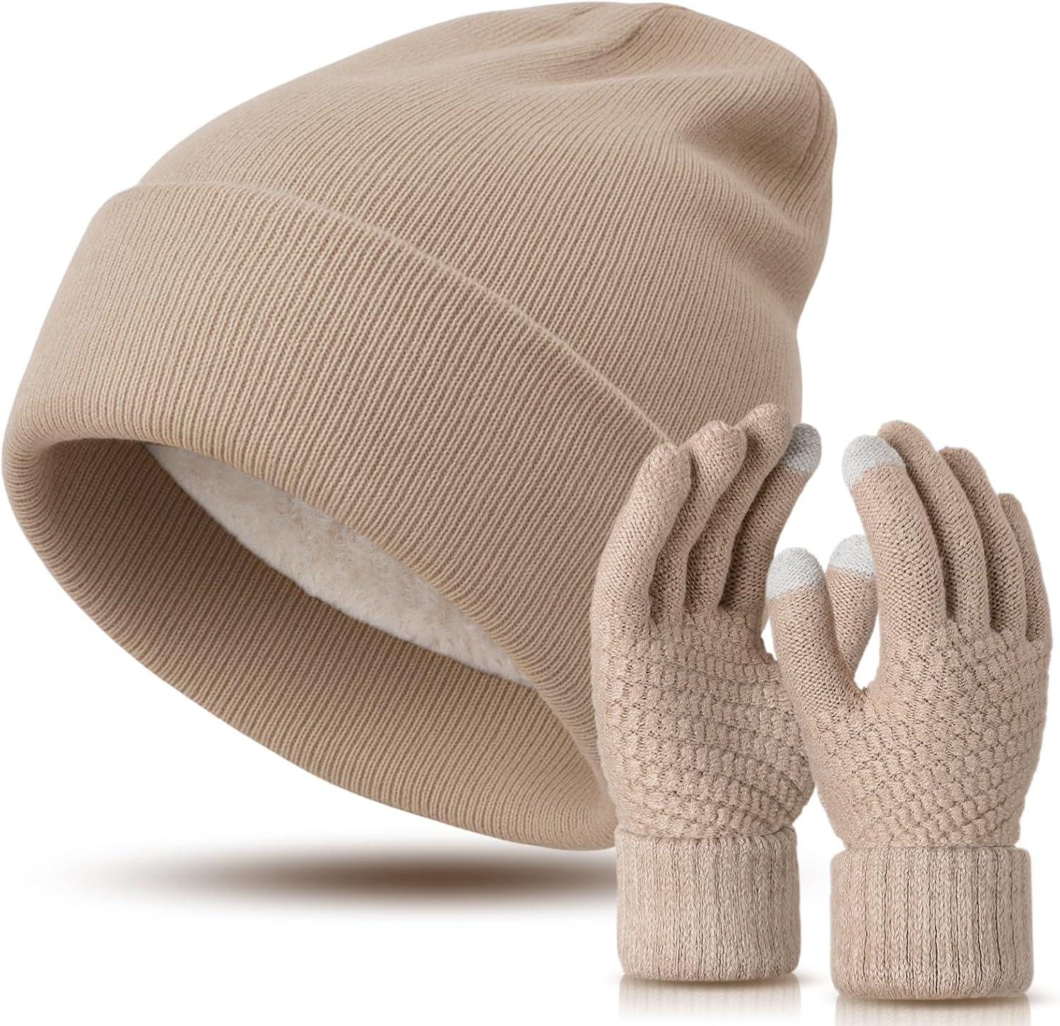 Winter Fleece Lined Knit Beanie Hat Touchscreen Gloves Set Winter Slouchy Warm Cuffed Beanie for Women Men Gift