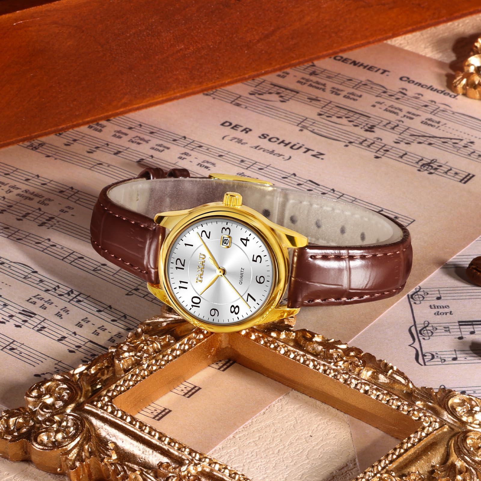 Taxau Damenuhr Lederarmband Analog Quarz–Elegante Armbanduhr Damen mit Datumsanzeige, Kleine 28mm Damen Uhr, 3Bar Wasserdicht,Klassisches Design Geschenke für Frauen