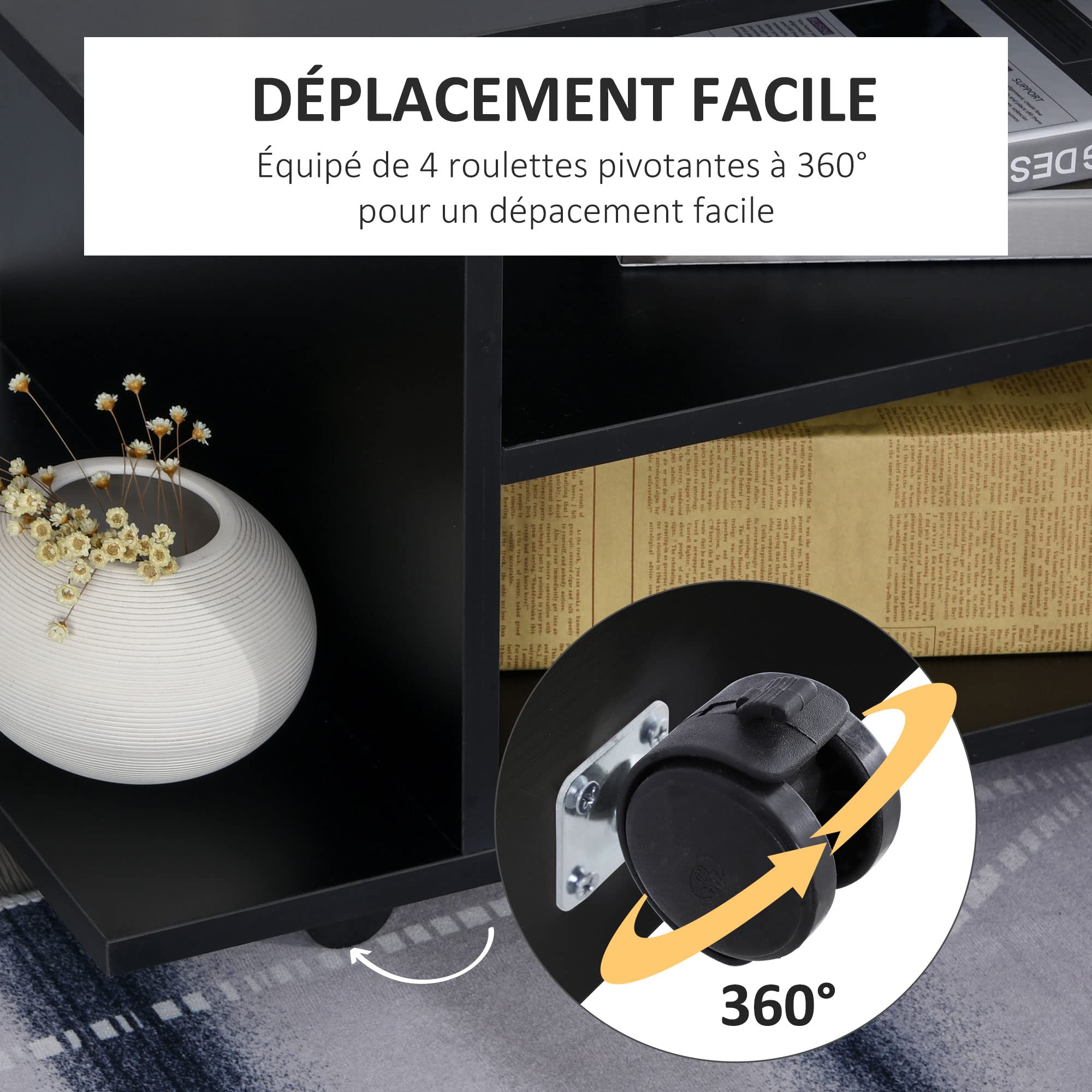 HOMCOM Meuble TV avec roulettes pivotantes, Banc TV en Bois avec étagères, Support télé pour télévision jusqu'à 42 Pouces, Style Contemporain pour Salon Chambre et Bureau, 80 x 40 x 40 cm, Noir