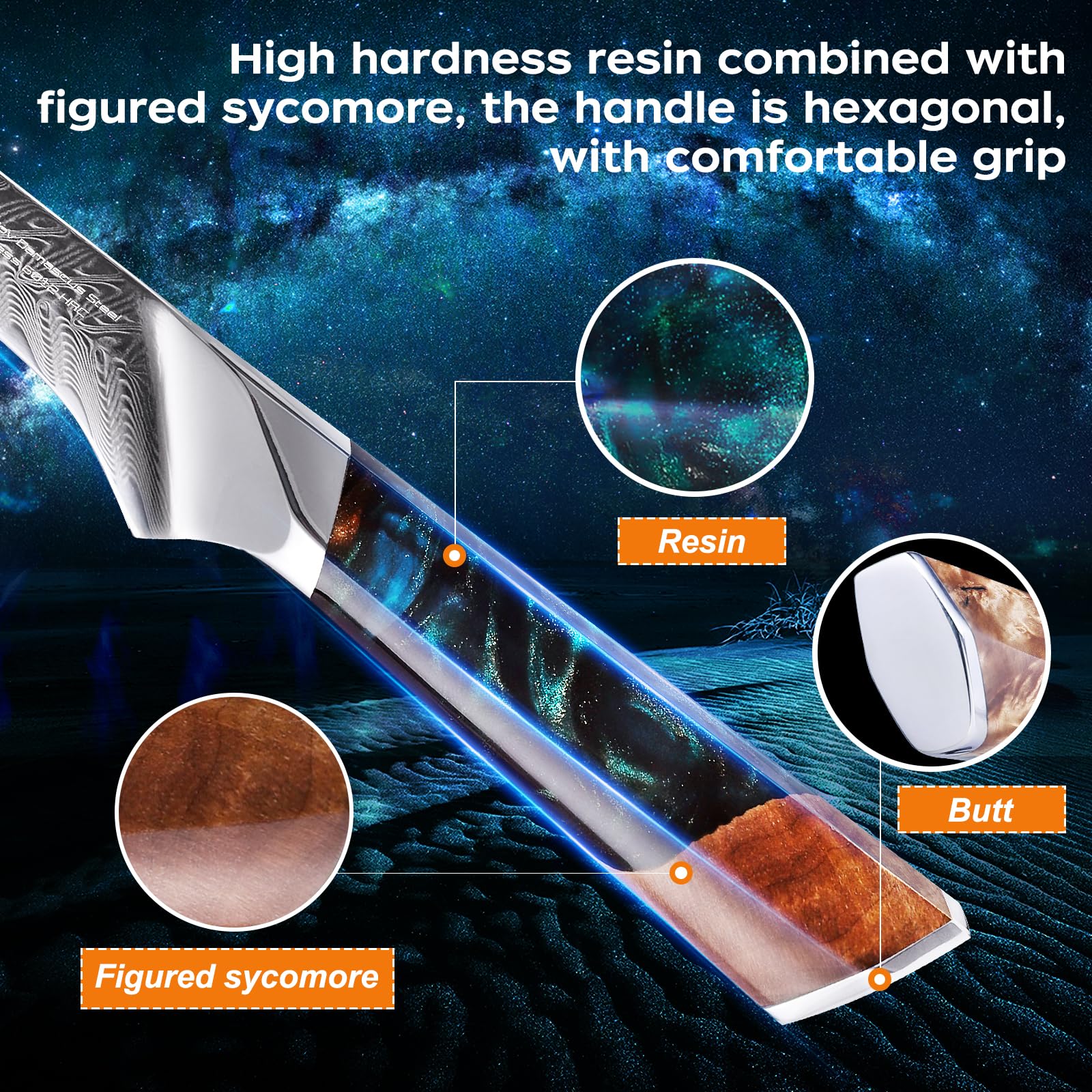 FINDKING Nebula Series Boning Knife, Versatile Deboning Knife, 10Cr15CoMov Damascus Steel Blade, Resin and Figured Sycamore Handle, Full Tang, 5.5 Inch, Blue, for Skinning, Removing Fat, Filleting — Amazon image 3