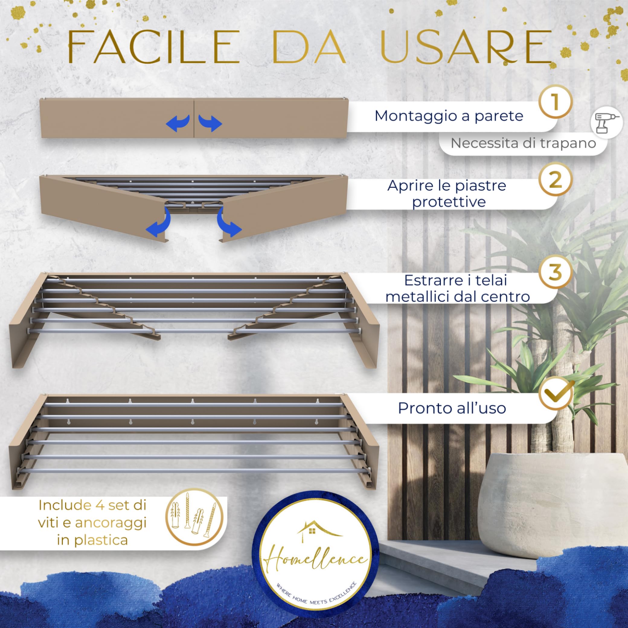 Homellence | Stendibiancheria a Parete | Stendino Salvaspazio Pieghevole da Muro | Stendino Estensibile per Interni ed Esterni | Bagno, Lavanderia | Acciaio Inox Resistente (Beige/Cappuccino, 100 cm)