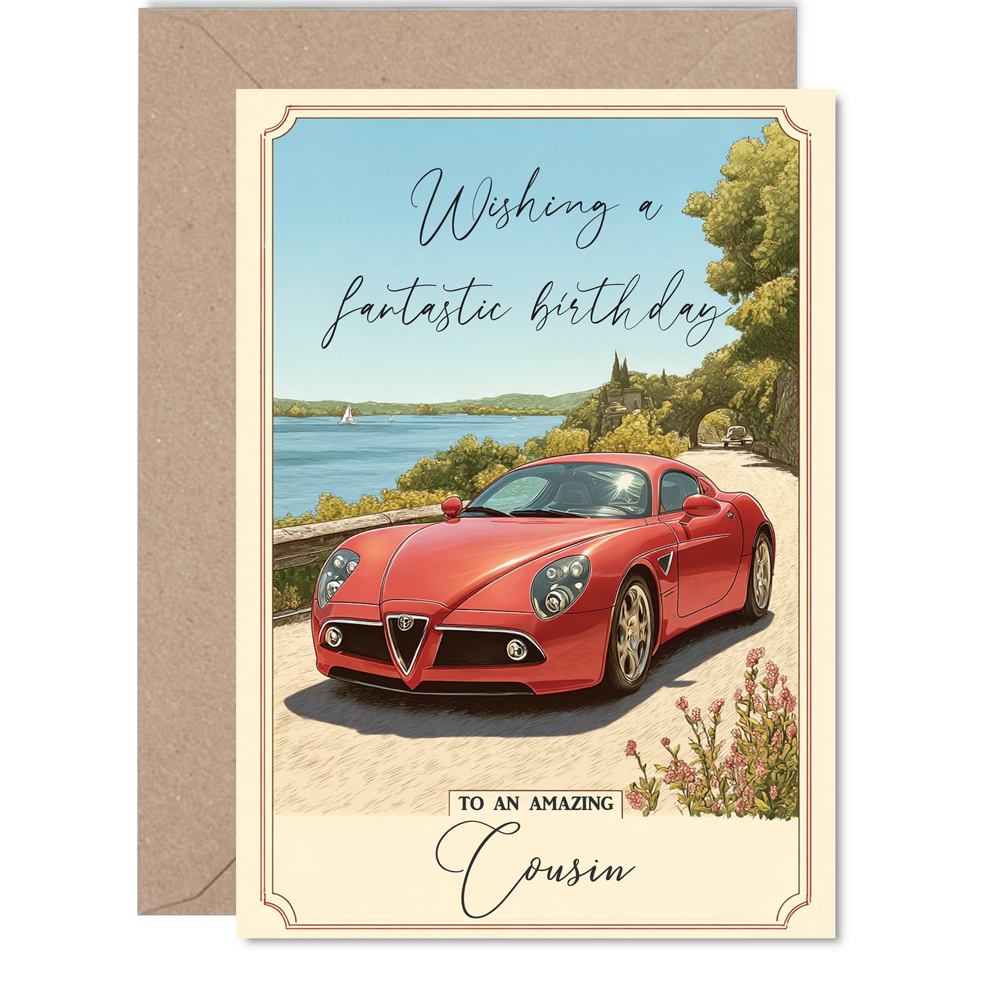 Cousin Birthday Card - Red Sports Car - Happy Birthday Card for Cousin from Family Relative, 5x7 Inch Countryside Landscape Bday Greeting Cards