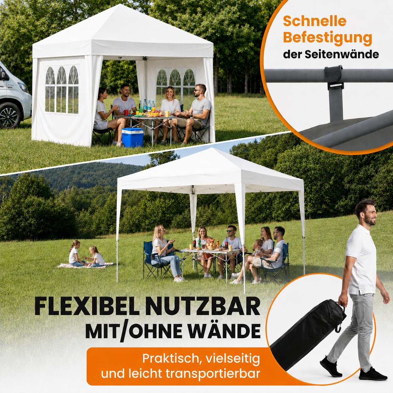 NATURIZ® Pavillon 3x3 Wasserdicht Stabil und UV 50+ Schutz - Faltpavillon mit Seitenwänden - Pop Up Zelt für Garten, Camping, Marktstand & Partyzelt, Gartenpavillon, Gartenzelt, Festzelt (Beige)
