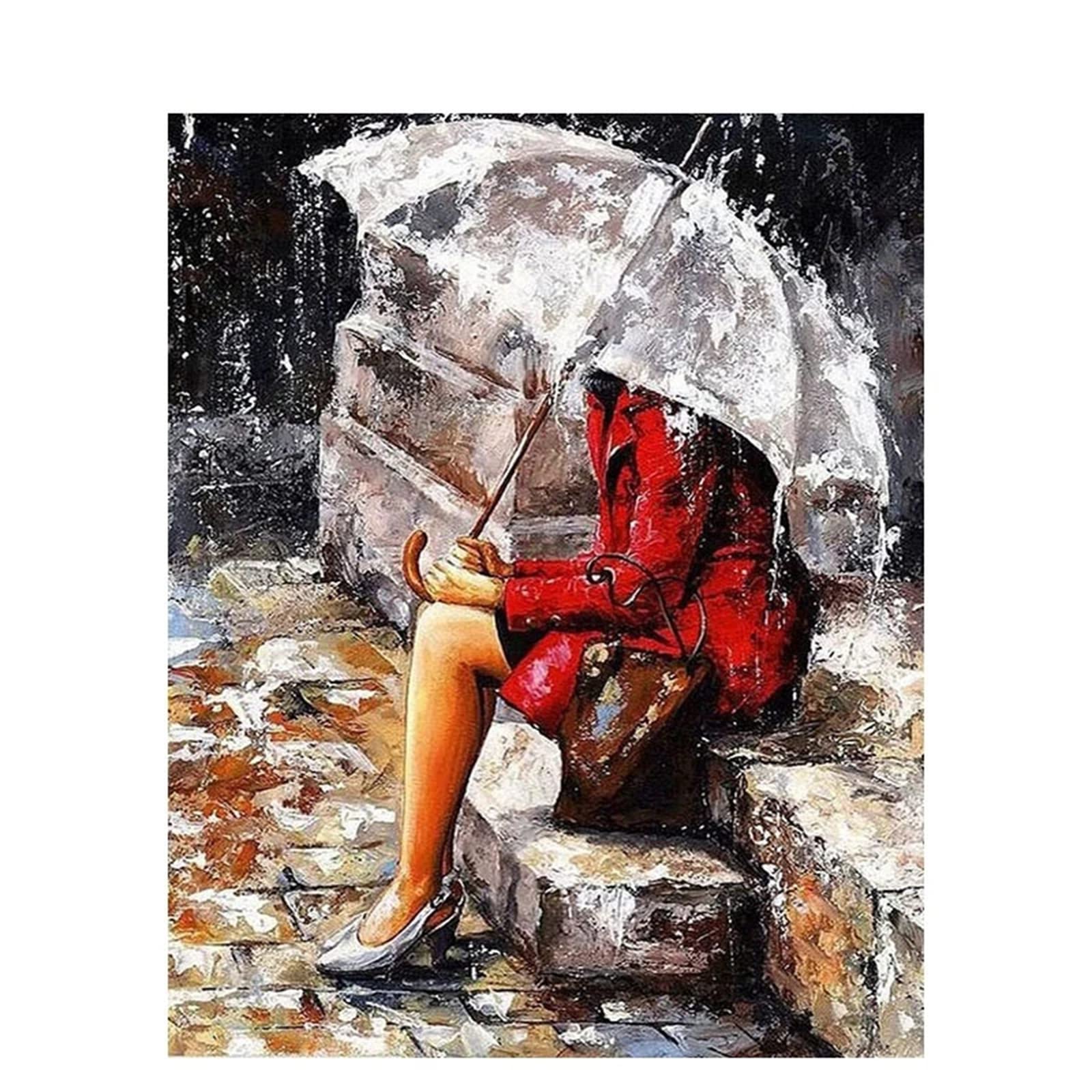 Regentag-Frau Malen nach Zahlen Erwachsene,DIY Handgemalt Ölgemälde Malerei auf Leinwand Kinder Anfänger Malsets mit Pinseln Acrylic Paintby Numbers Kits Haus Wand Decor Geschenk 60x75cm Ohne Rahmen