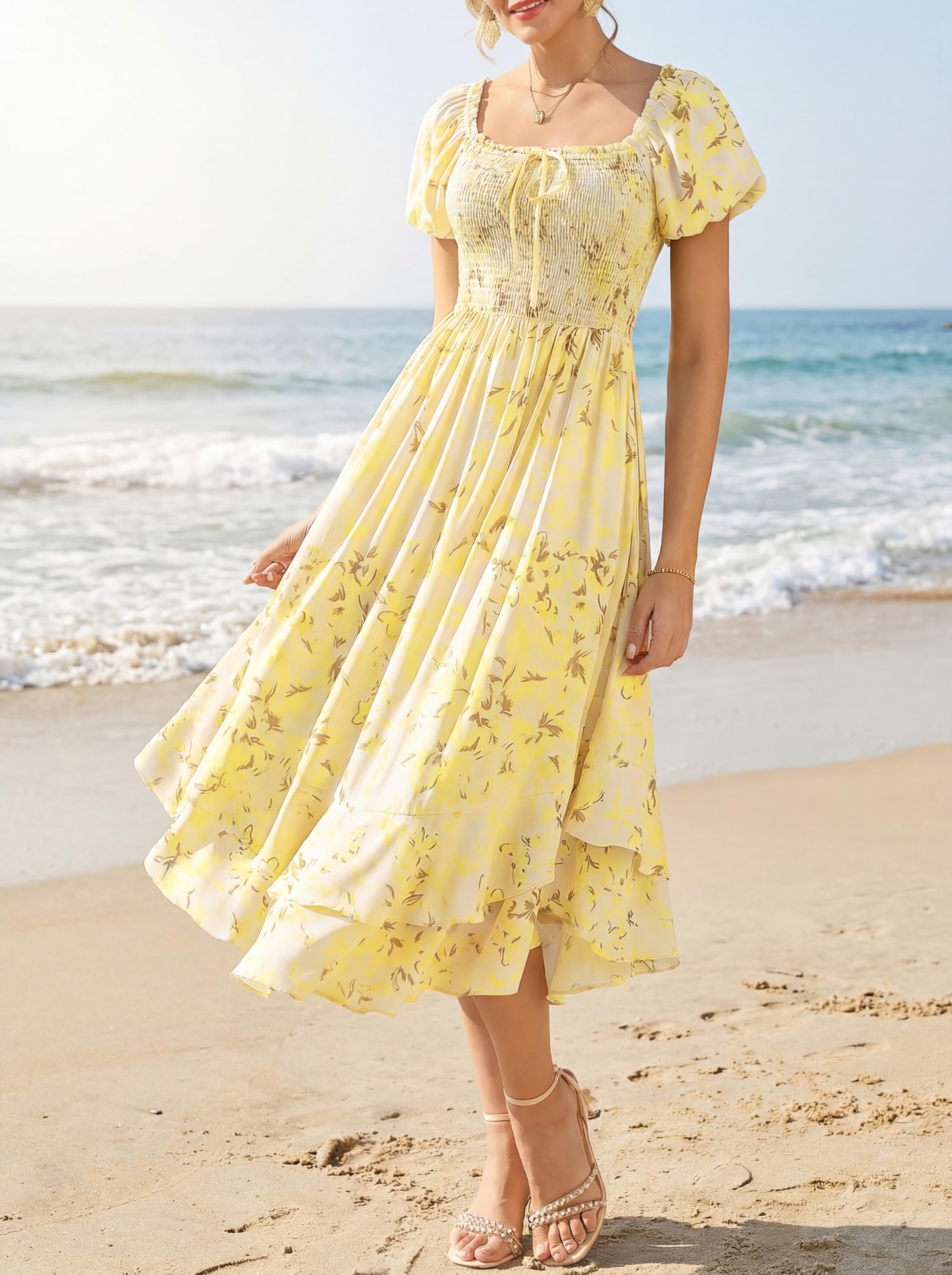 GRACE KARIN Damen Sommerkleid Puffärmel A-Linie Maxi Blumenkleid mit Taschen für Hochzeitsgäste Strand