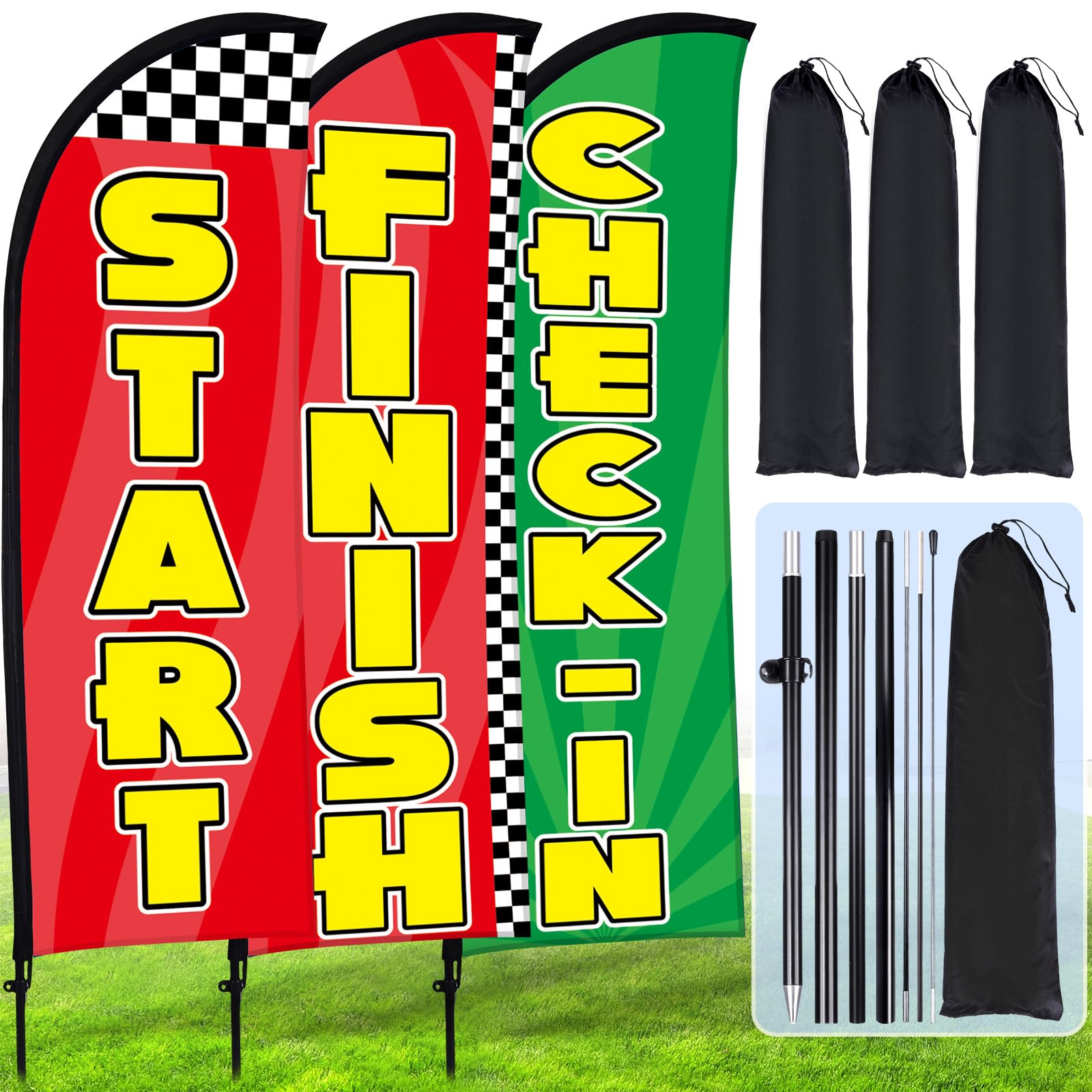 Buryeah 3 Sets Start Finish and Check-in Feather Flag 8 ft Start Advertising Banner Swooper Flag with Pole Kit and Ground Stake for Marathons and Special Events Outside, Red and Green โ image 1