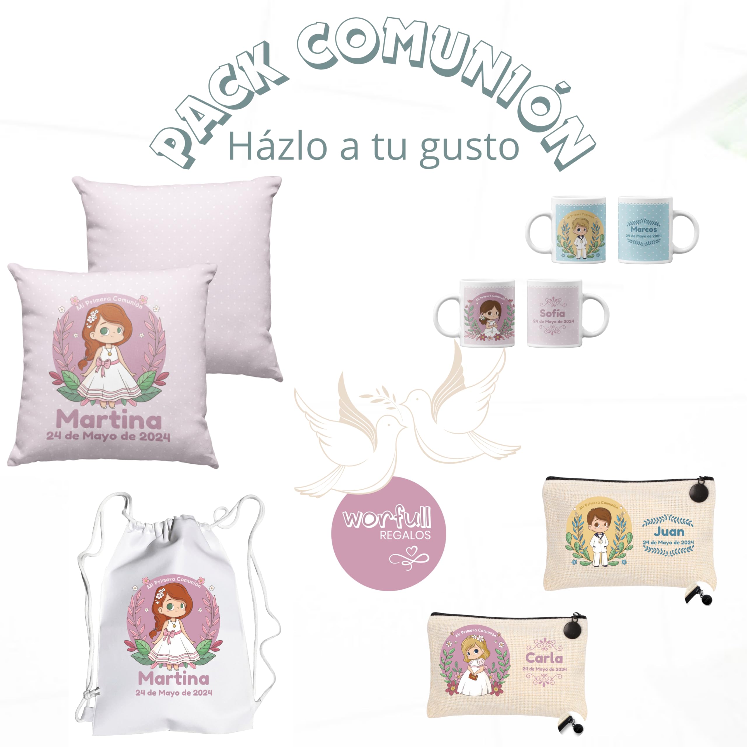 Cojín comunión niña/niño. Regalos comunión Personalizados con Nombre y Texto. Cojín Personalizado. Varios diseños. Opción de Pack. (Niña castaña)