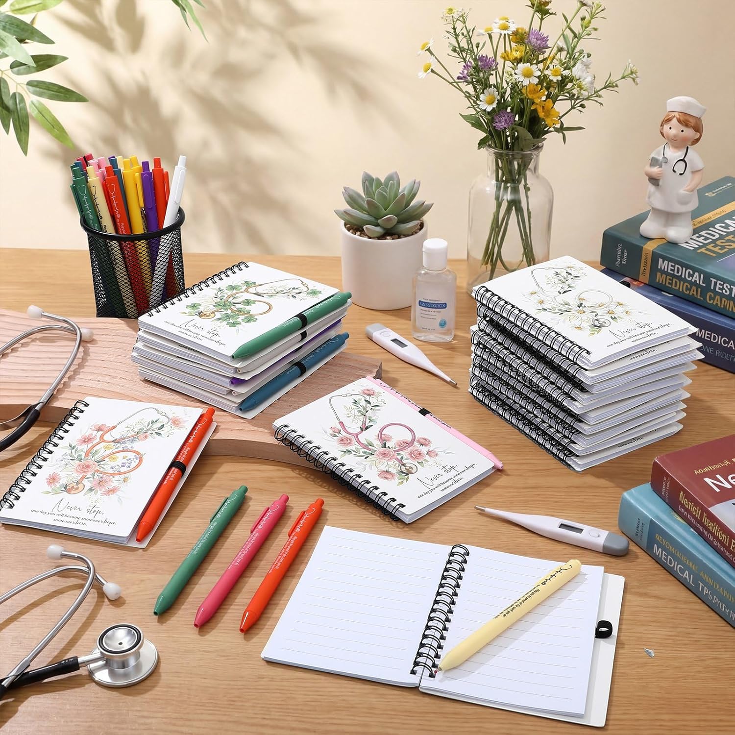 Honoson 20 Set Nurse Gifts for Women Nurse Week Appreciation Gift Thank You Gifts for Women Inspirational Stethoscope Design Spiral Notebook and Ballpoint Pen for CNA RN NP LPN Nursing Team Coworker