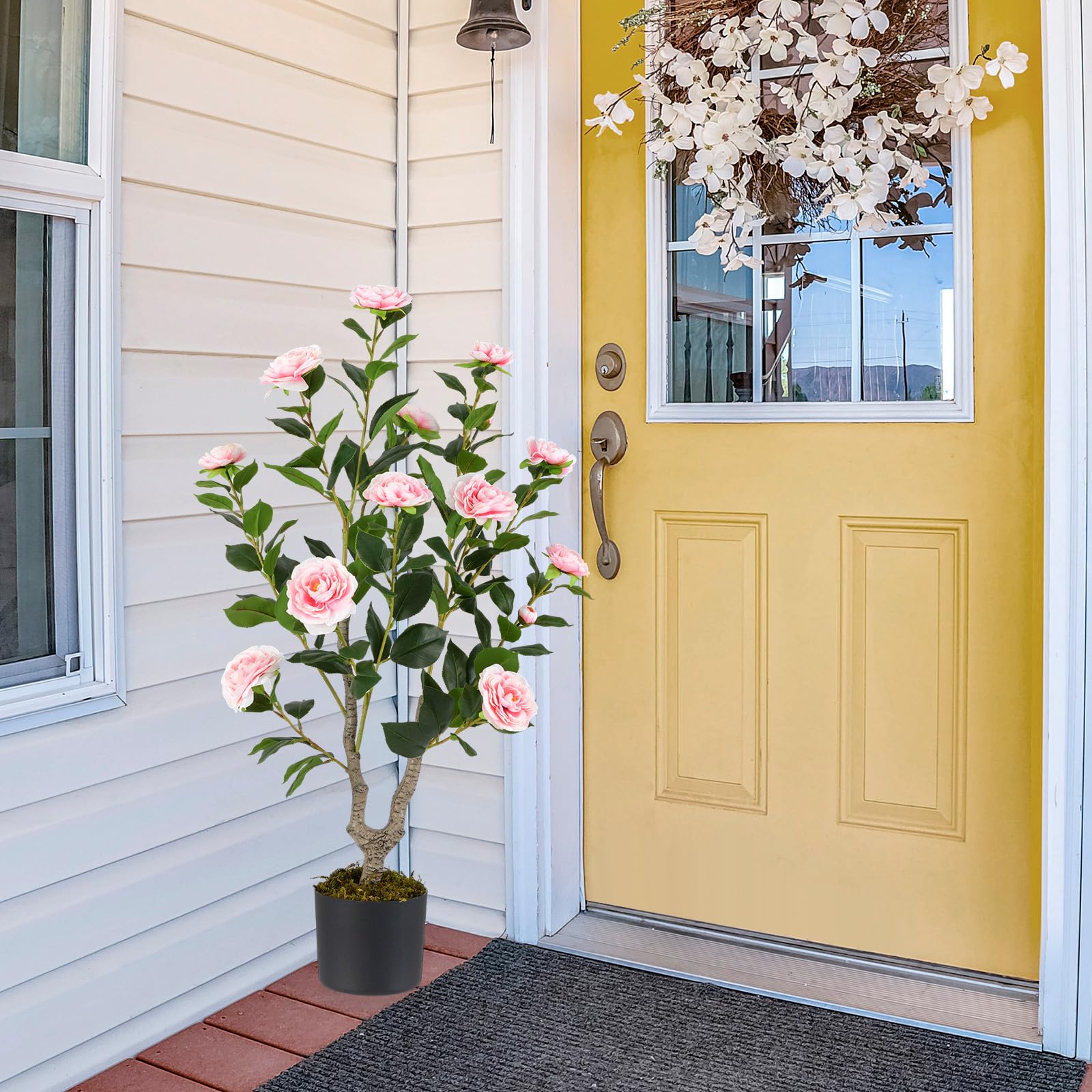 GIANTEX Albero di Camelia Artificiale da 90 cm, Pianta Finta con 16 Fiori di Camelia Rosa in Tessuto, Tronco in Legno Massiccio, Pianta Decorativa in Vaso per Ristorante, Ufficio (Rosa)