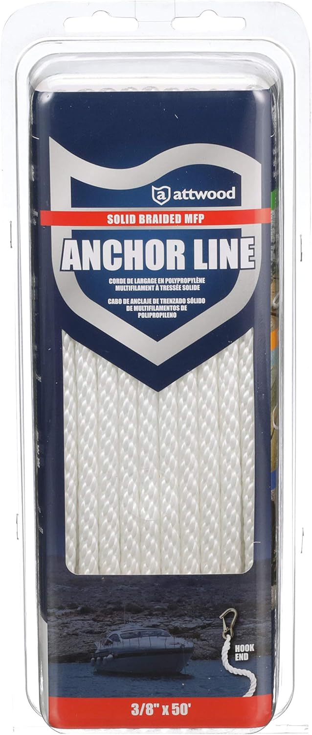 Attwood 11723-7 Solid Braid Multifilament Polypropylene Anchor Line with Spring Hook 3/8-Inch x 50-Feet, White