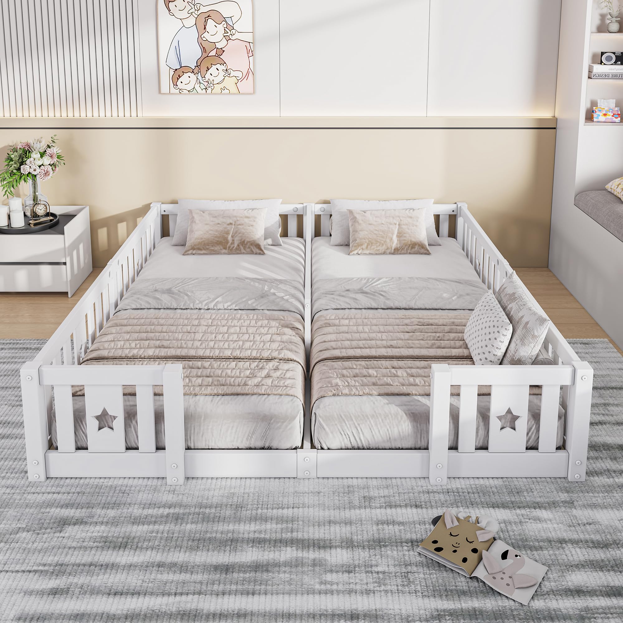 Kinderbett Bodenbett 180x200 cm, Montessori Bett mit Rausfallschutz, Massivholz Gitterbett, Babybett Kinder Jugendbett Doppelbett für Jungen & Mädchen, niedrige Einstiegshöhe (Ohne Lattenrost) (Weiß)