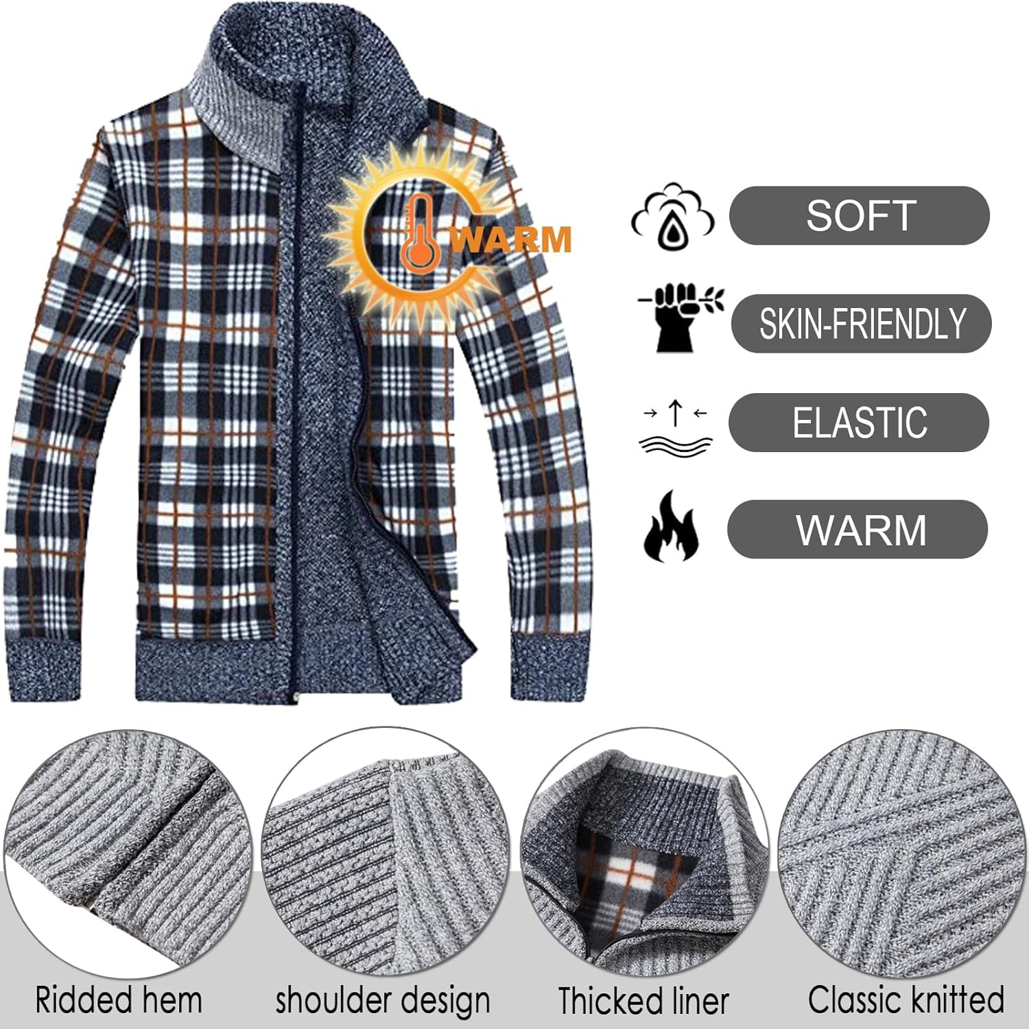 XinYangNi Men's Cardigan Sweaters Knit Zipper Casual Slim Fit Stand Collar with Full Zip and Pockets - Image 3