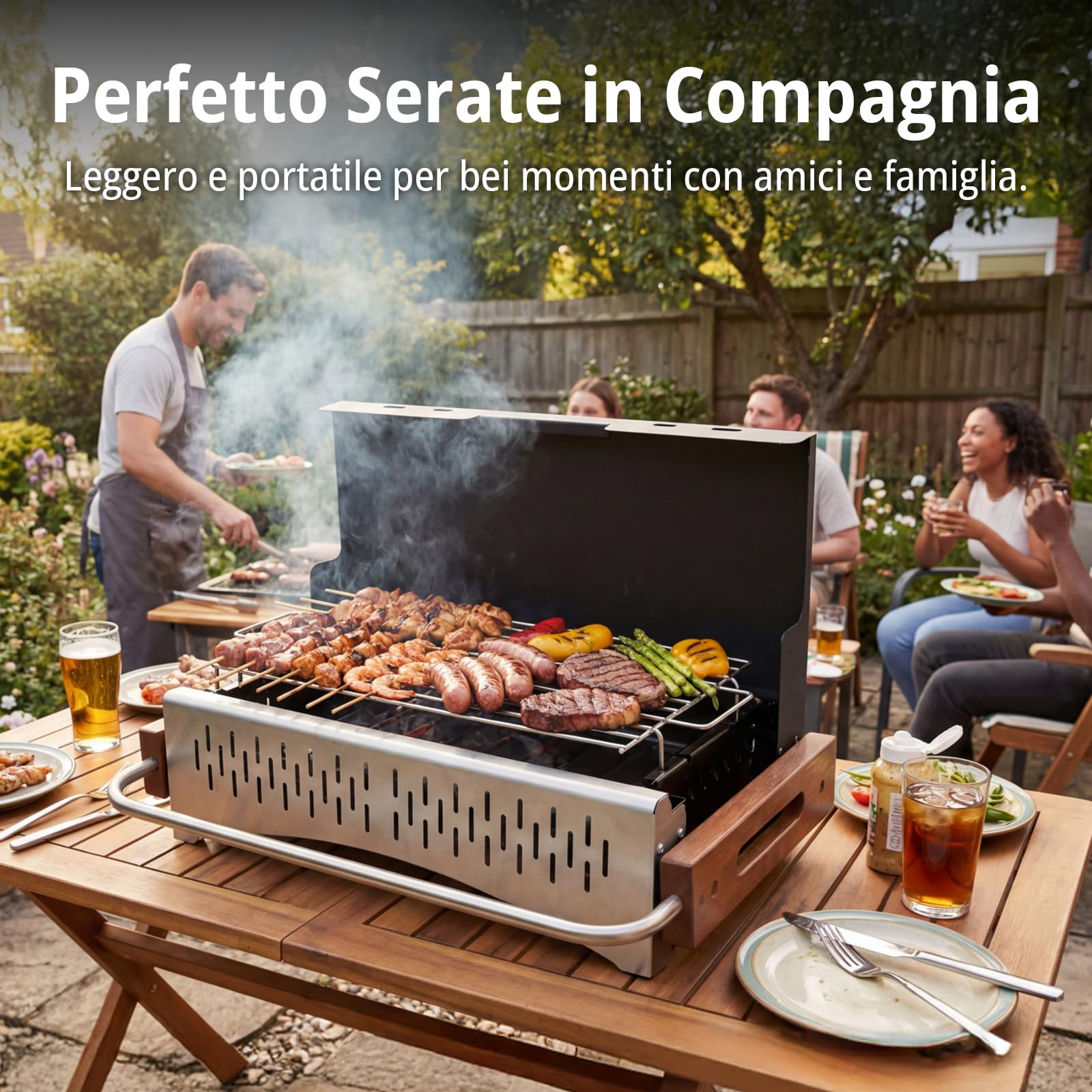 Barbecue a carbonella portatile con set utensili, griglia pieghevole 38,15 x 20,95 cm, montaggio senza attrezzi, regolabile 2 livelli, ideale balcone campeggio giardino