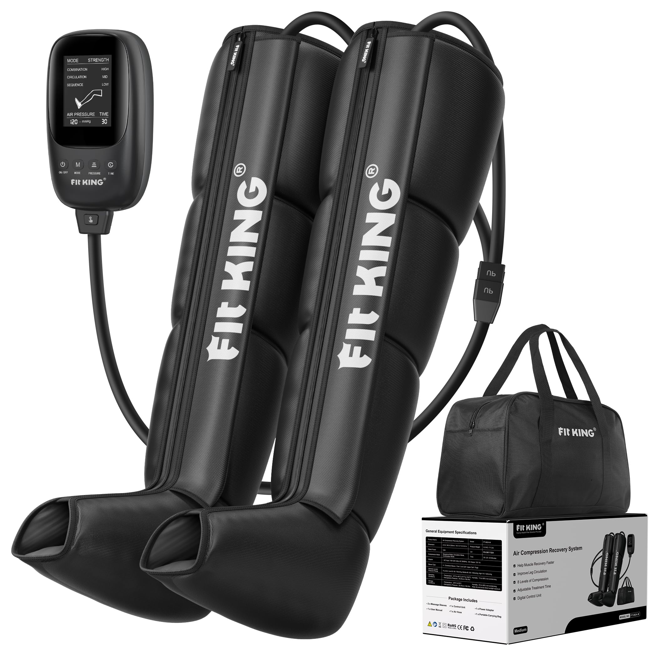 FIT KING Botas Presoterapia Piernas, Masajeador de Piernas para Mejorar la Circulación Sanguínea y Aliviar el Dolor en las Piernas Mejorar el Rendimiento Deportivo Relaje los Músculos