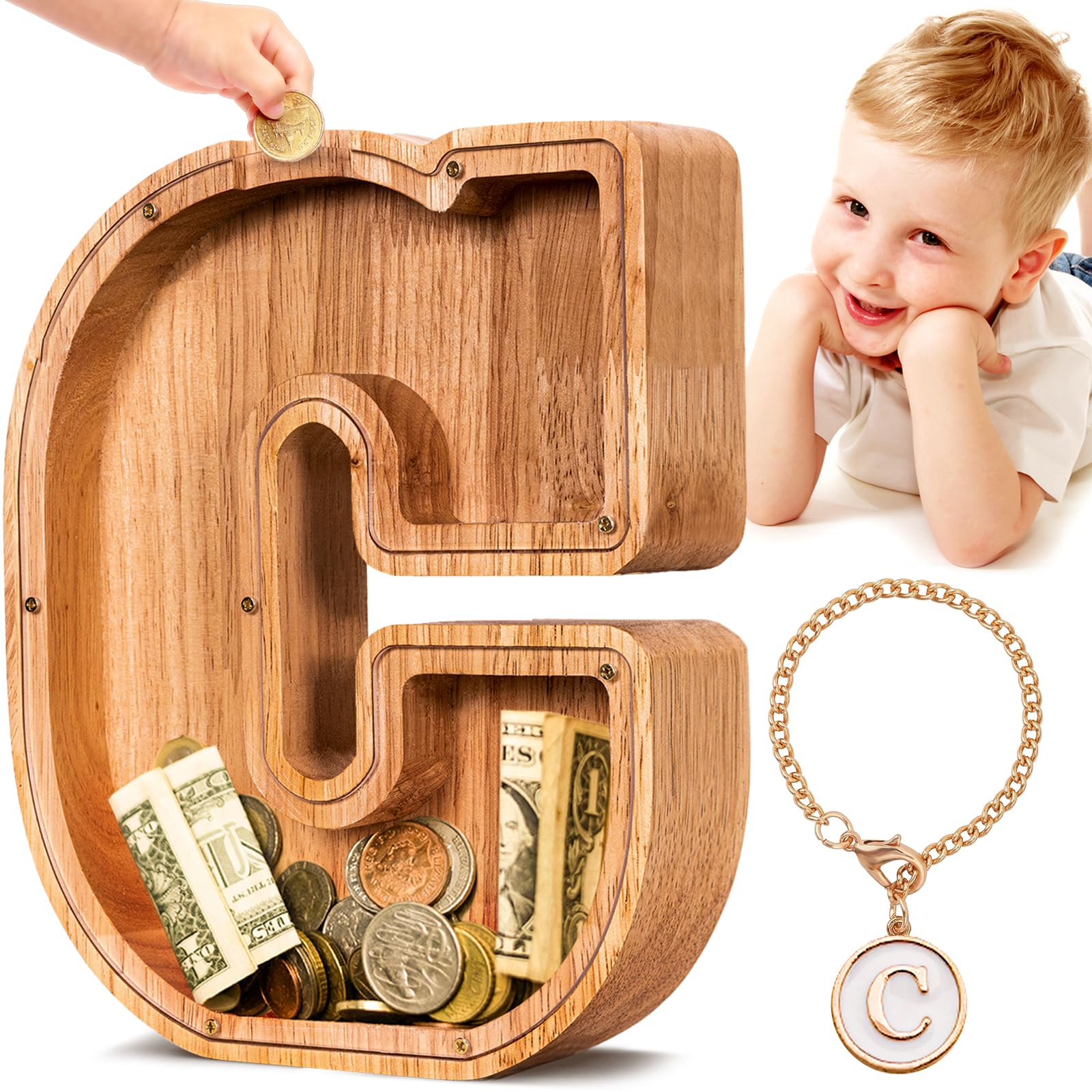 Summidate Wooden Letter Piggy Bank Personalised Money Box Kids Alphabet C