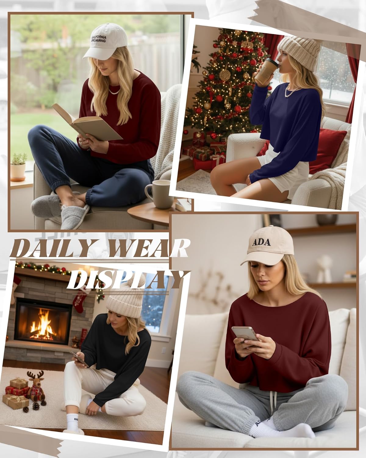 3 Pack Womens Cropped Sweatshirts Oversized Casual Crewneck Lantern Sleeve Raw Neckline Lightweight Lounge Tops(Black, Navy Blue, Wine Red,X-Large) - Image 5