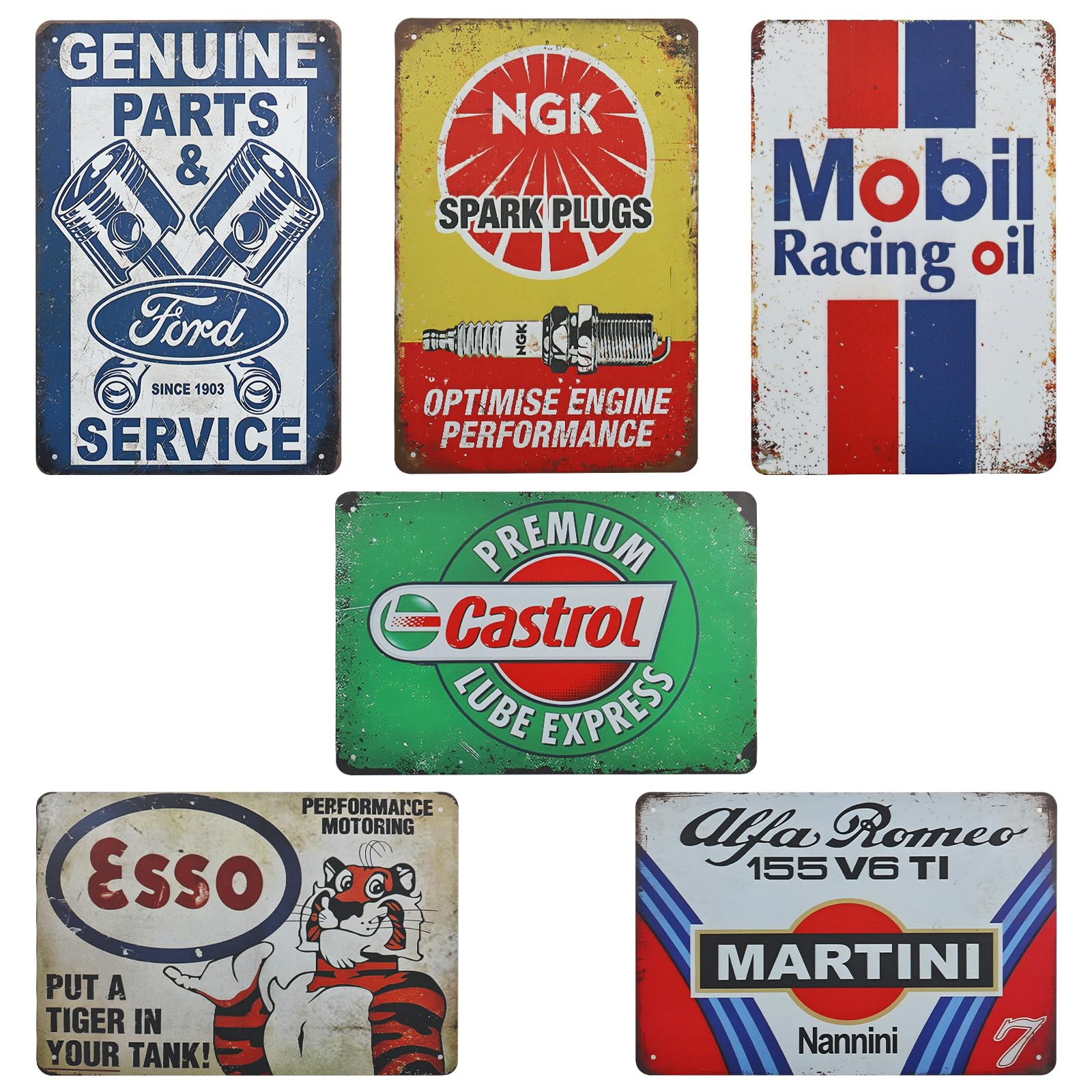 Zestaw 6 retro metalowych tabliczek ściennych do garażu i motocykli