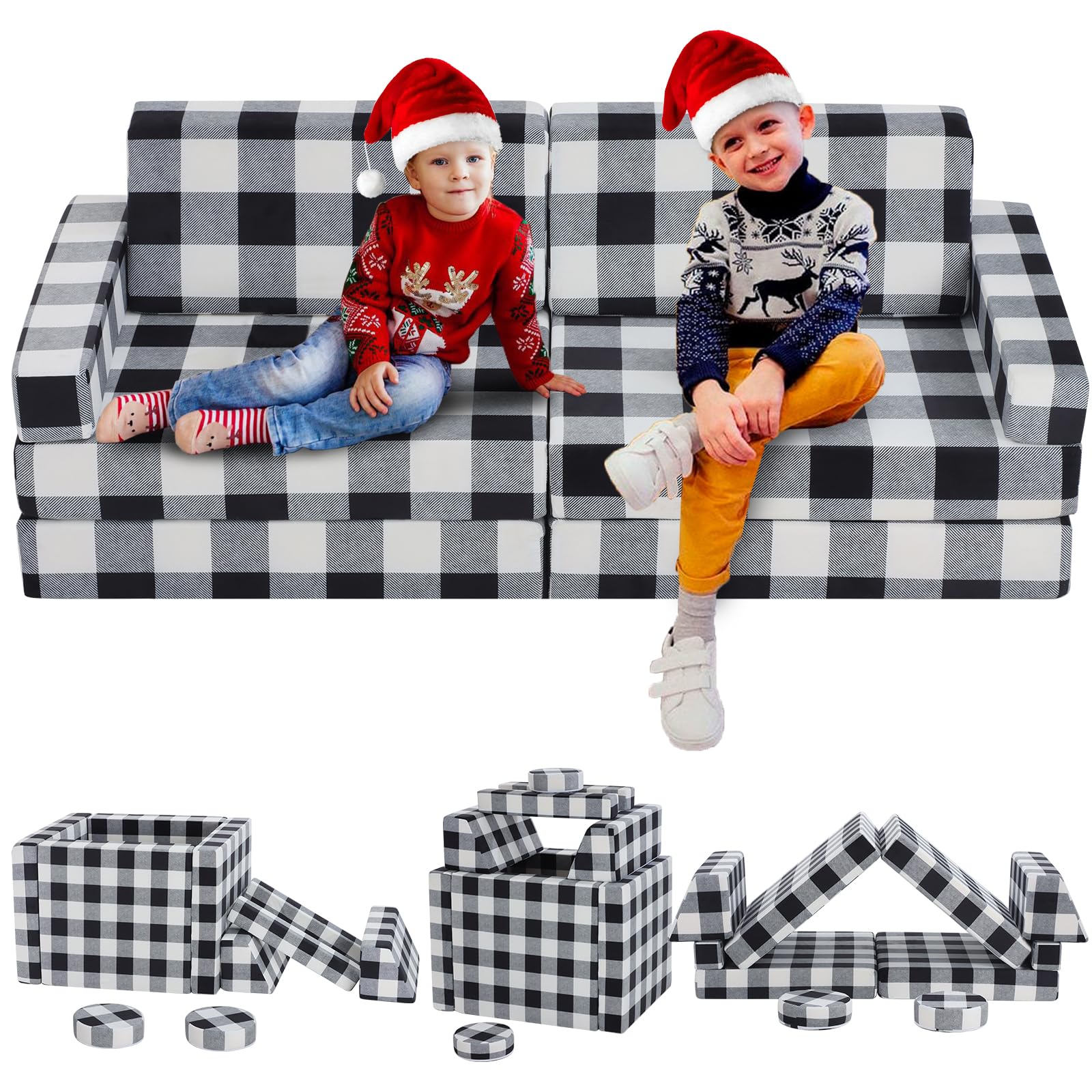 Olasme 10 Pc Black & White Kids Couch, Buffalo Check Toddler Sofa, Modular Play Couch, Convertible Kids Floor Bed