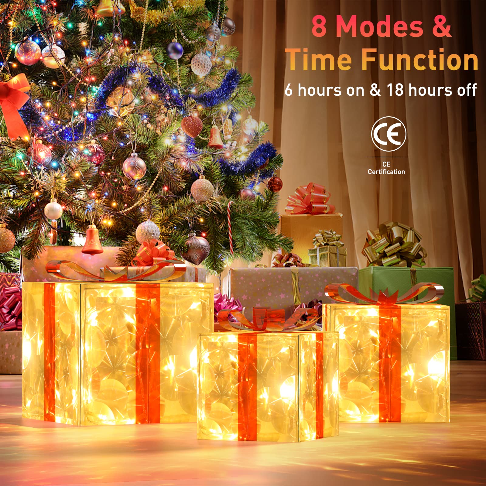 3er Set LED Geschenkbox, Weihnachtsdeko mit 60 warmweiß LEDs innen Strom, PVC Wasserdicht Weihnachtenbox Beleuchtete außen mit Schleife