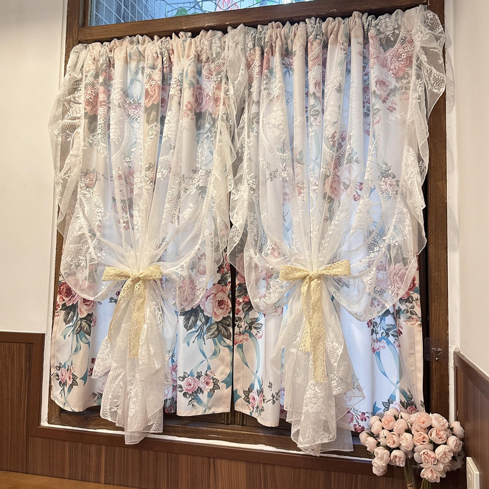 ZZYK White Lace Valances Curtain,Washed Rose Printed Linen Kitchen Short Curtains for Windows Privacy Curtain Panels for Living Room Cafe Laundry Basement,Paste,79" W x 71" L