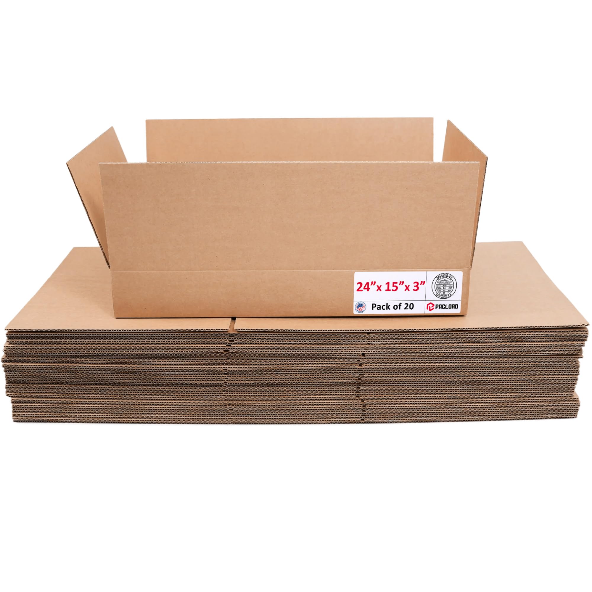 Flat Cardboard Boxes 24"L x 15"W x 3"H (Pack of 20) - USA-Made Packing Boxes for Moving, Shipping, or Storage - USPS, UPS, FedEx Approved - Professional Packing Supplies for Moving | USA-Made Packing Boxes for Moving, Shipping, or Storage - USPS, UPS, FedEx Approved - Professional Packing Supplies