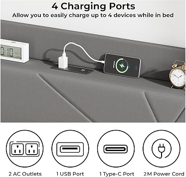 IRONCK 5ft King Size Bed Frame with Charging Station, Bed Frame King with Upholstered Storage Headboard, Sturdy Wooden Slat Support, No Box Spring Needed, Grey 150X200 cm