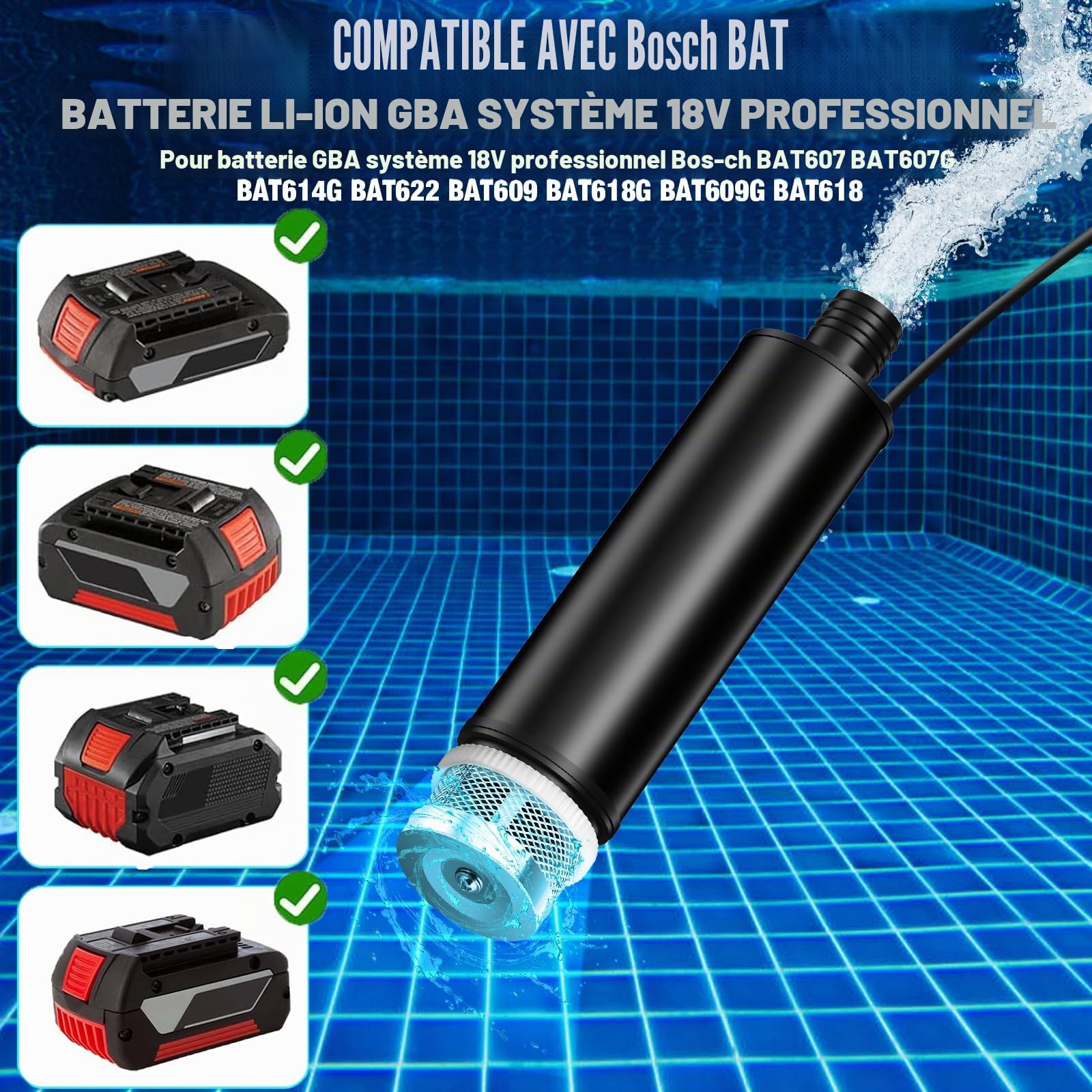 TPDL Pompe à eau pour batterie Bosch Professional 18 V BAT, 120 W 12 V, avec câble de 5 m et interrupteur, pompe d'aspiration d'huile portable, submersible pour Gardena, piscine, jardin, lavage de