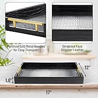 Vista 2 de Bandeja de servicio de madera de 17" x 12" con asas de metal dorado pulido, bandeja decorativa de madera rectangular para otomano, bandeja de cuero
