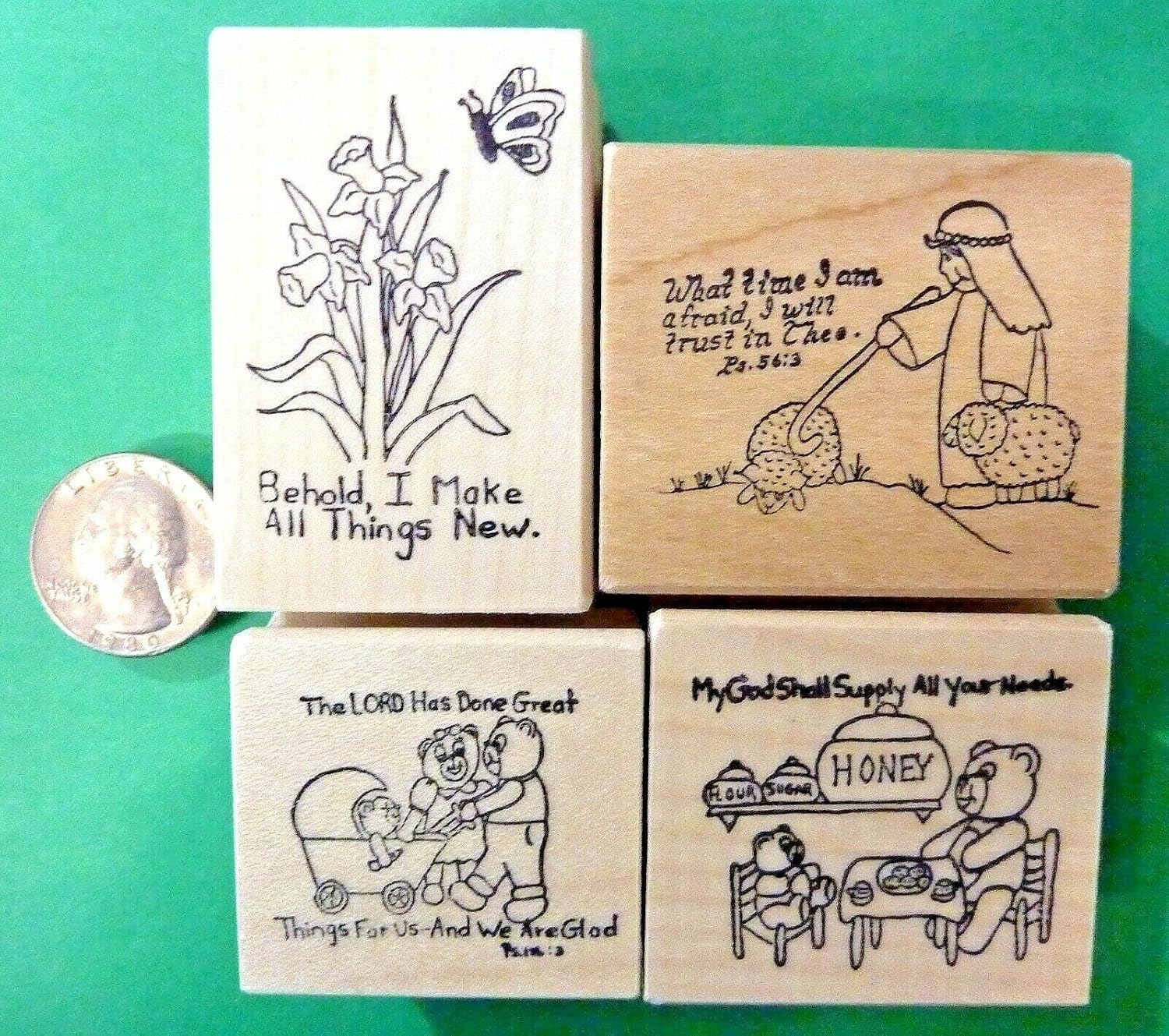 Wooden Mount Rubber Stamp for Card Making 4 Scripture Stamps with Delightfully Cute Pictures, Wood Mounted