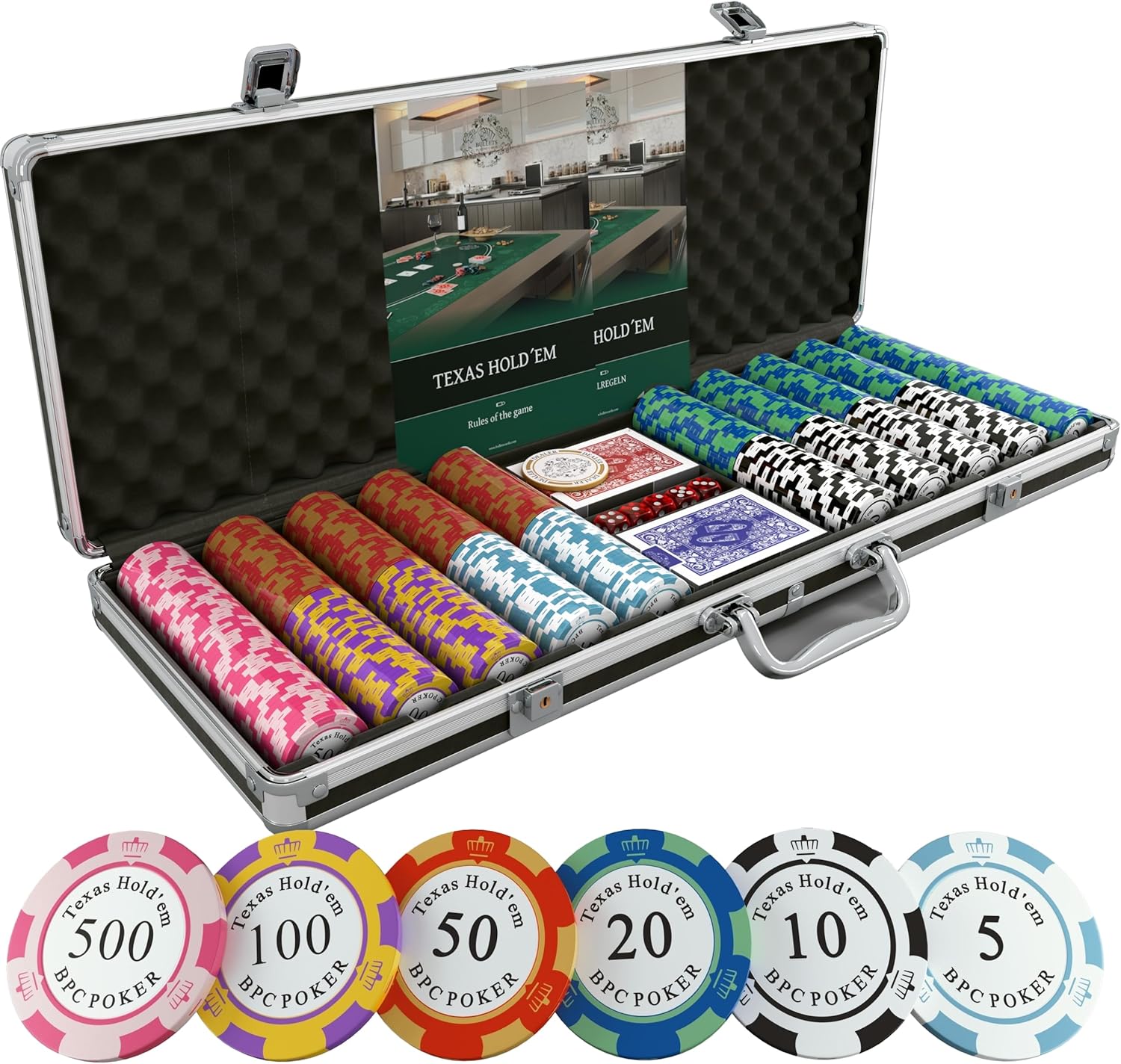 Bullets Poker Set, 2 Plastic Card, Dice, Dealer Button, Manual & Travel Case – with Case for Texas Hold’em, Casino Games, & Prominence – Ideal Poker Set with Chips and Cards, 500 Clay 'Carmela' Chips.