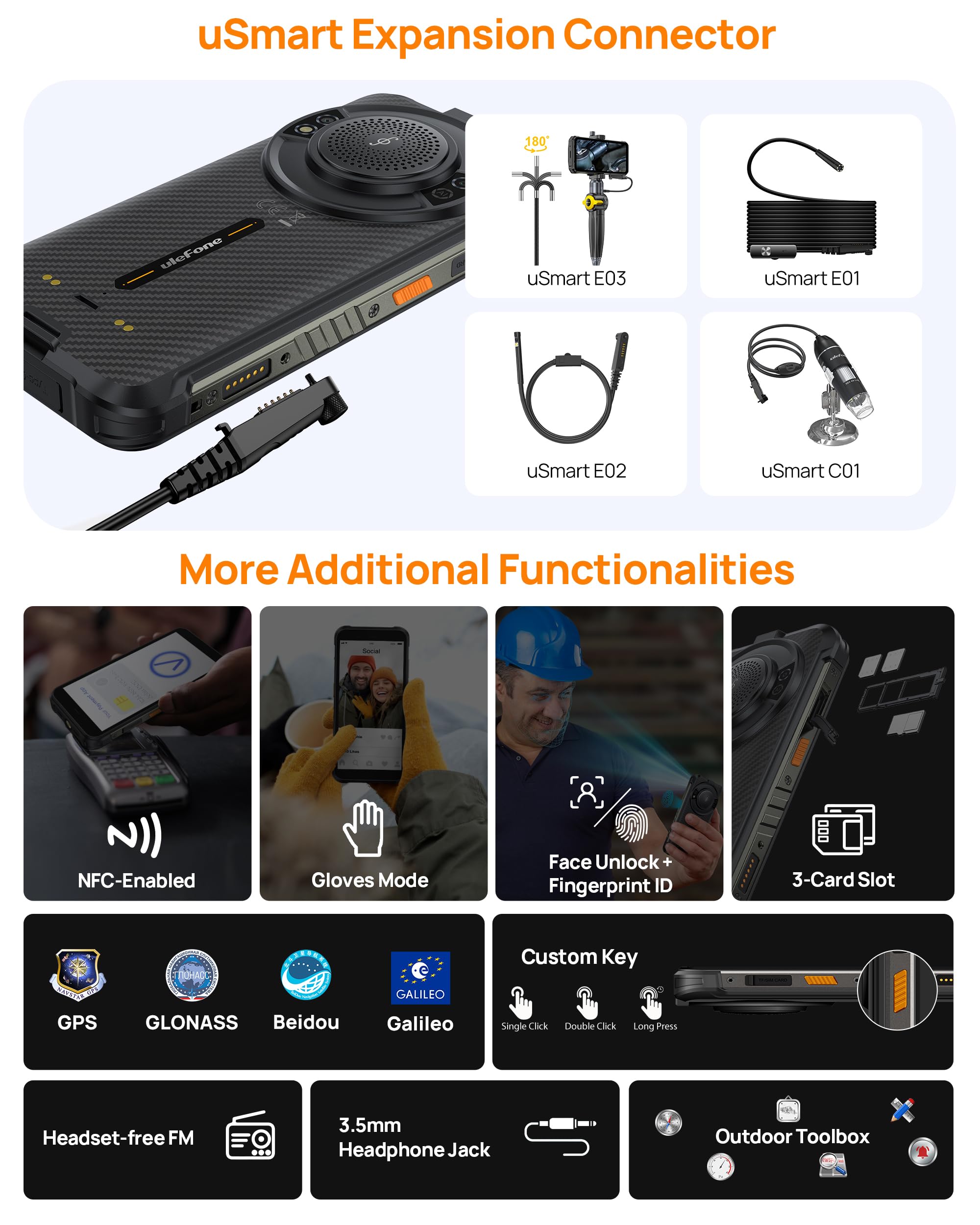 Ulefone RugKing Outdoor Smartphone Android 15 AI Rugged Handy, 9600mAh 16GB + 256GB/SD-2TB, Octa-Core 50MP + 8MP 5,99 Zoll mit 126dB Lautsprecher, Taschenlampe/3 Kartenfächer/IP68/IP69K/OTG/NFC/GPS