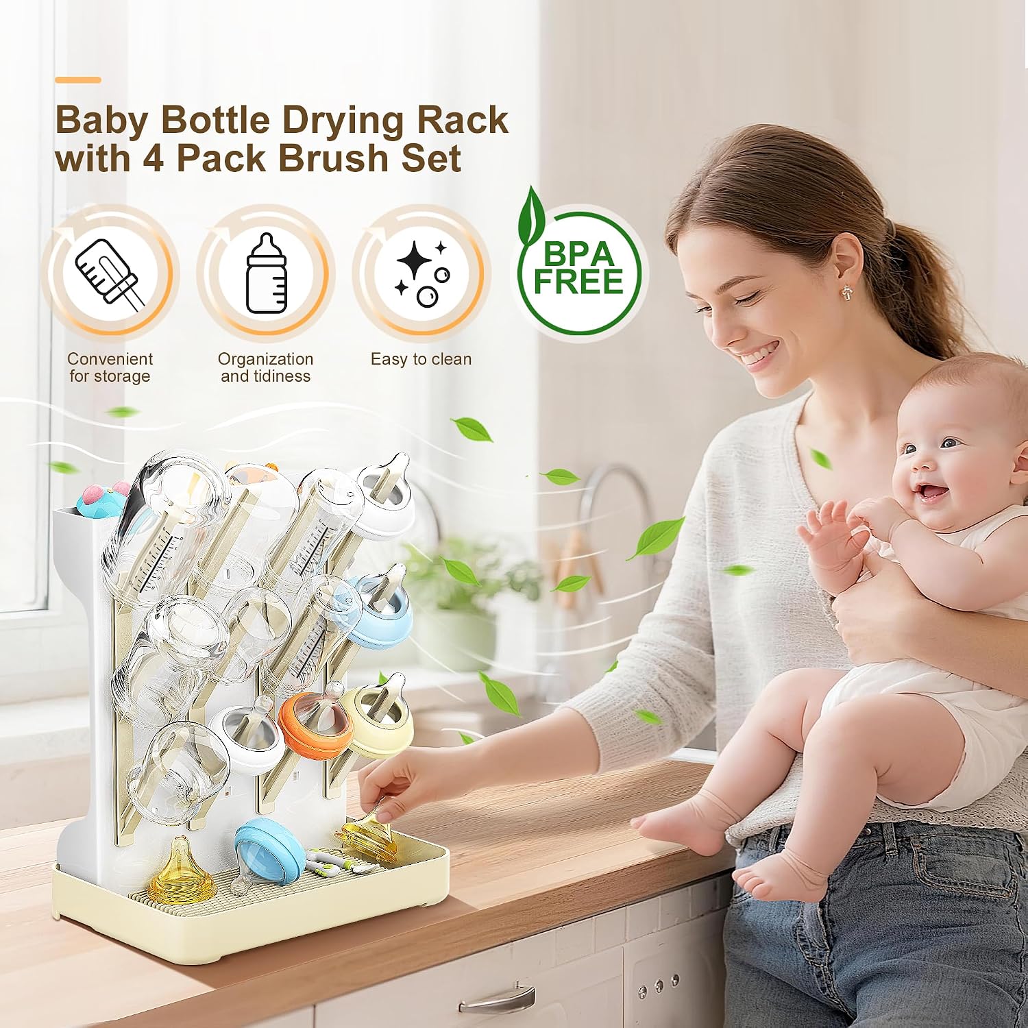 Baby Bottle Drying Rack: Vertical Space Saving Countertop Drying Rack – BPA-Free Baby Accessories Storage Stand Organize Brushes Pacifiers on Countertop – Elegant Grey