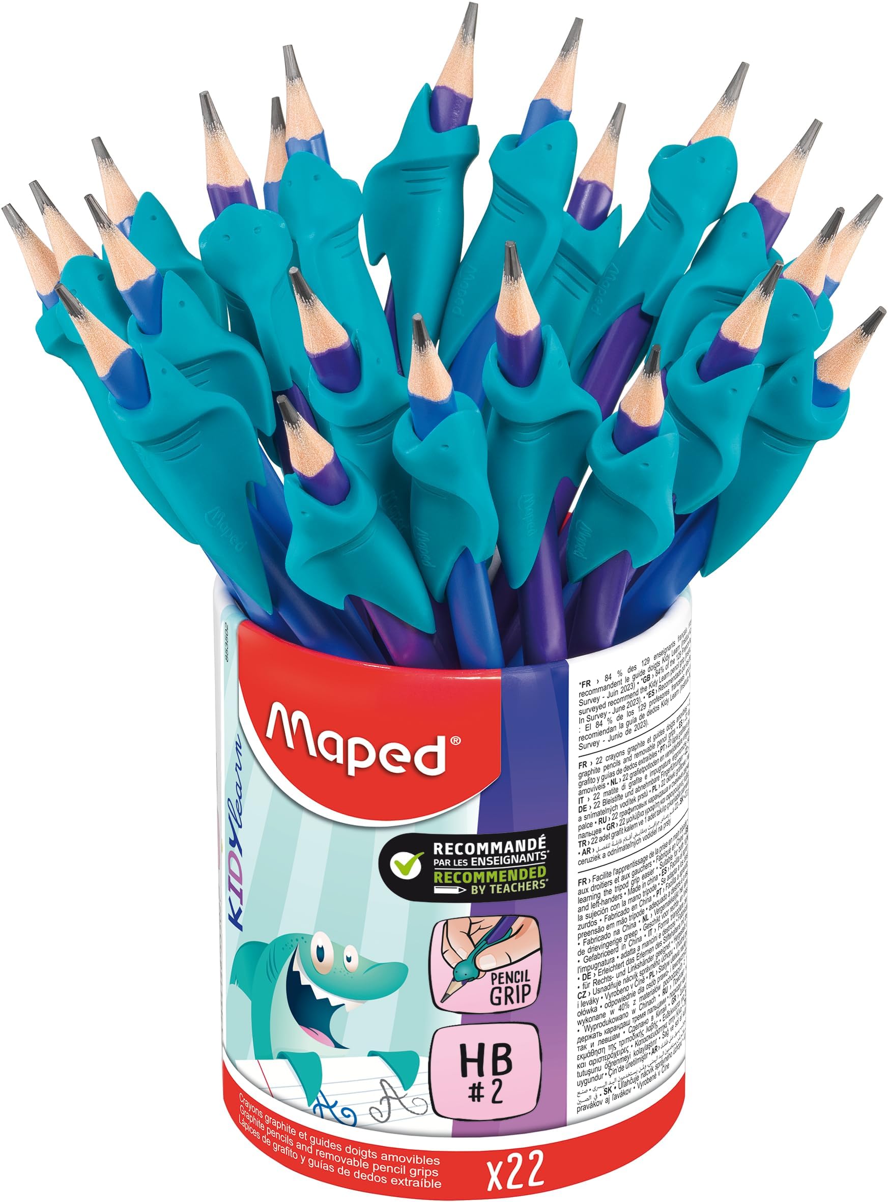 Maped – 22 Crayons graphites et guides-doigts amovibles – Guide-doigts en matière soft de couleur bleu – Outil d’apprentissage écriture pour graphites.