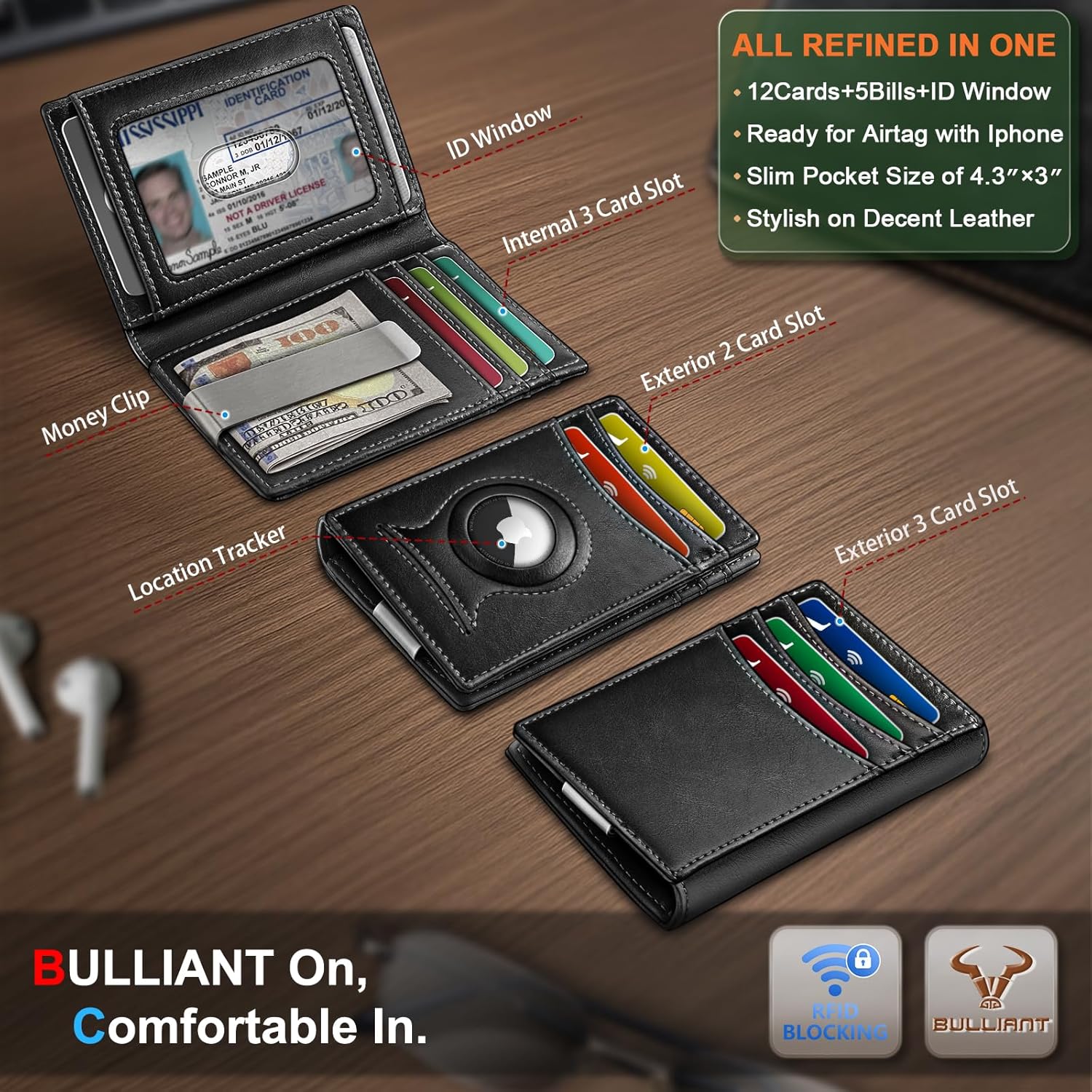 BULLIANT Men Airtag Wallet,Slim Wallet Money Clip Card Holder Magnetic Closure 12 Cards in Front Pocket RFID Blocking - Image 2