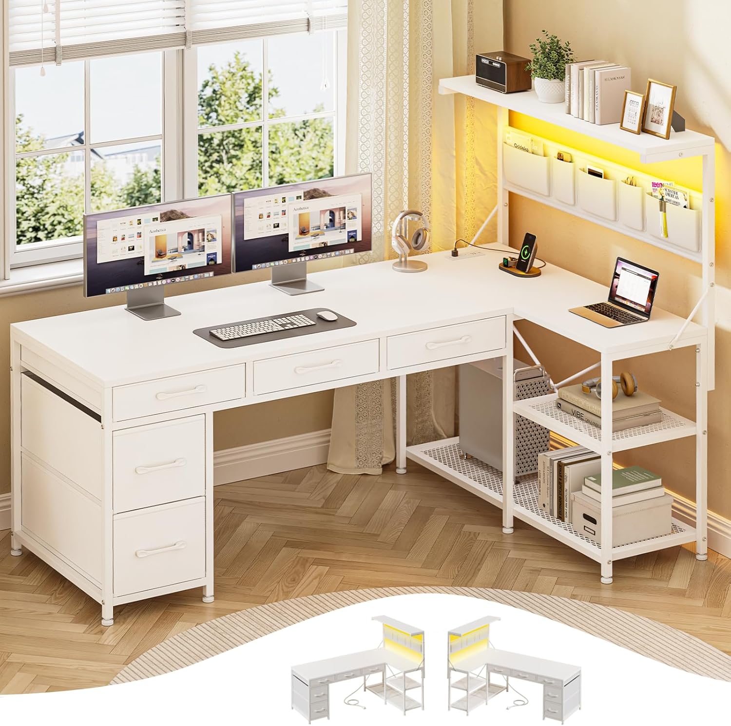 Itaar L Shaped Gaming Desk with 5 Drawers and Storage Shelves, Reversible Computer Desk with Bookshelf for Home Office, L Shaped Corner Desk with LED Lights, Power Outlets and Storage Bag, White